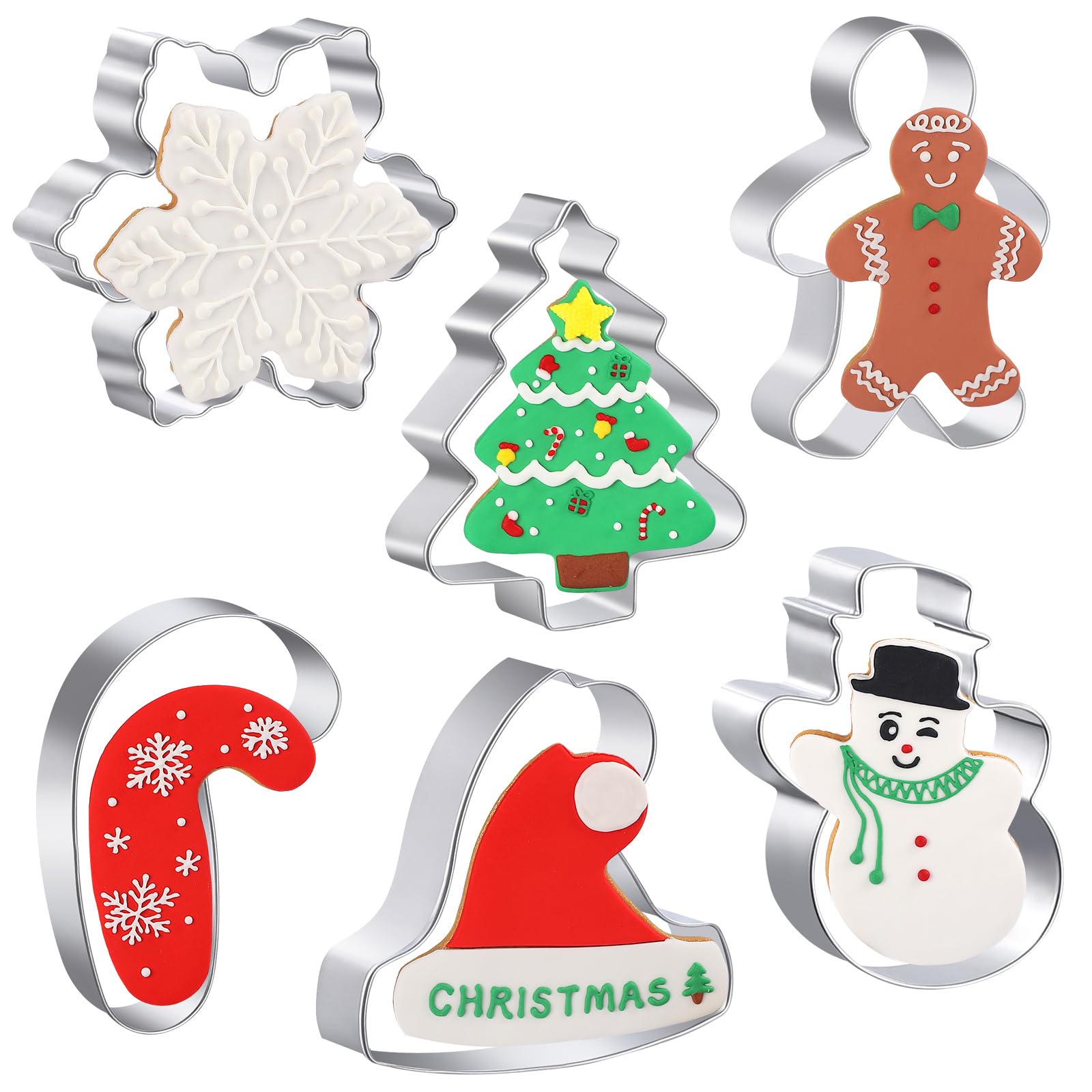KULENAND Large Stainless Steel Christmas Cookie Cutters - 6 Pcs 4 Inch Holiday Molds in Silver - Tree, Santa Hat, Snowman & More