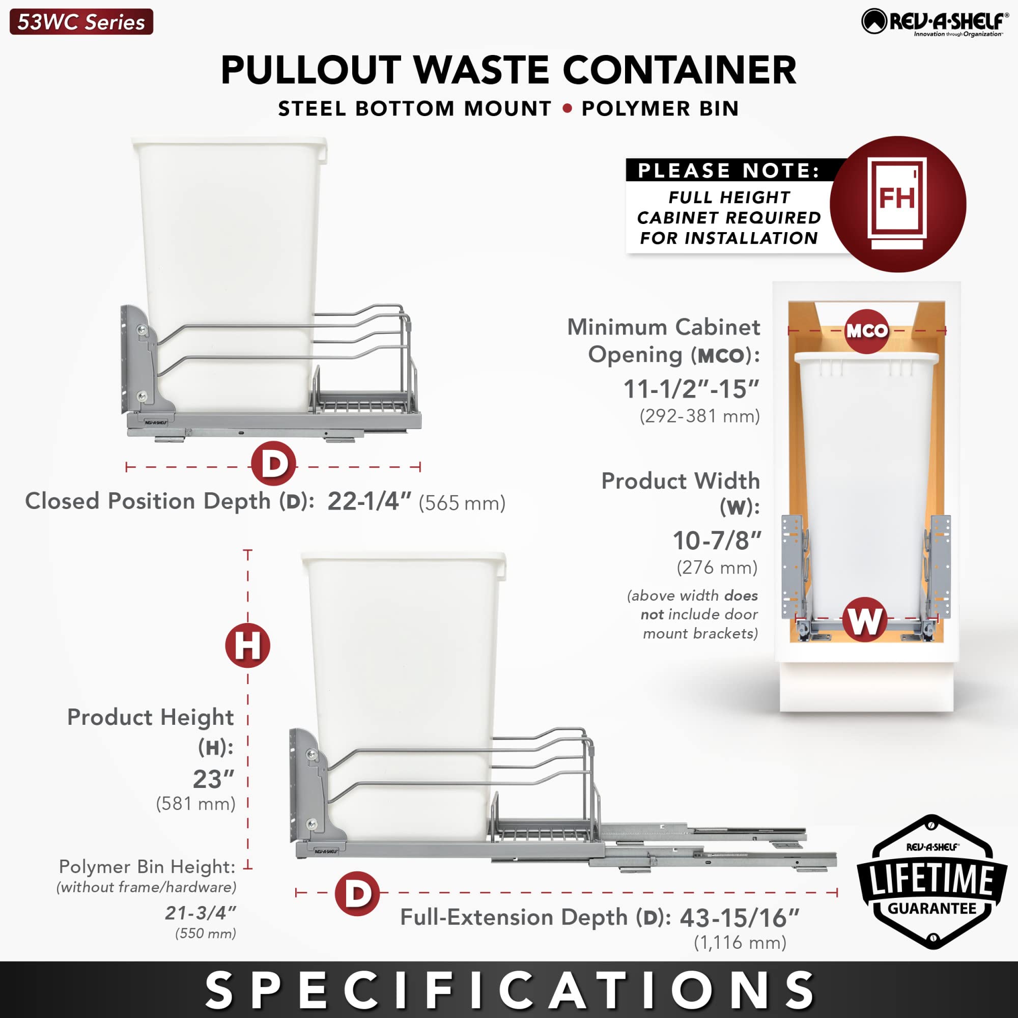 Rev-A-Shelf Pull-Out Trash Can For Full Height Kitchen Cabinets 50 Quart 12.5 Gallon With Soft-Close Slides And Storage, Orion G