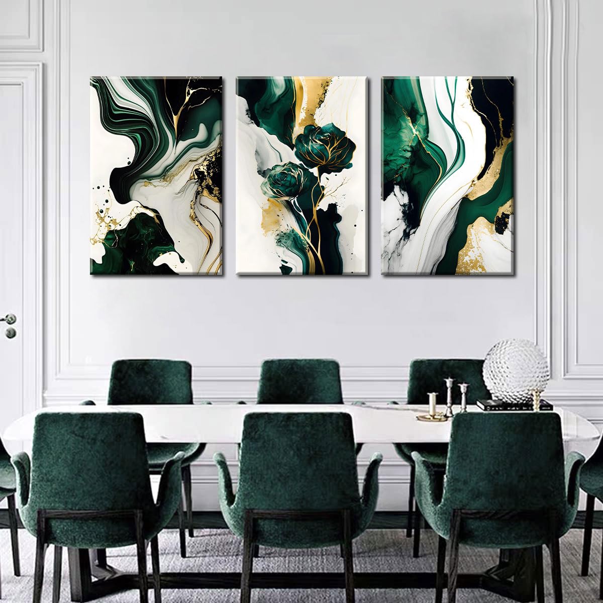 3Pcs Framed Emerald Green Wall Art, Modern Green And Gold Abstract Marble Canvas Wall Art Paintings Prints Posters Wall Decor Pi