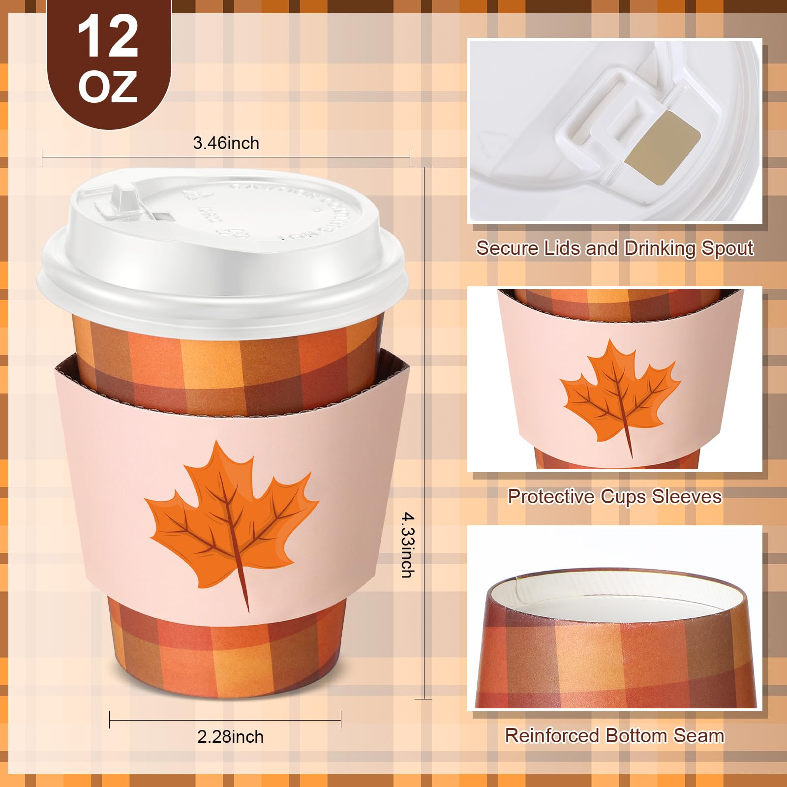 Jingmore 60 Sets Fall Disposable Coffee Cups with Lids and Sleeves 12 oz Paper Buffalo Plaid Coffee Cups for Hot Cold Drinks Tea