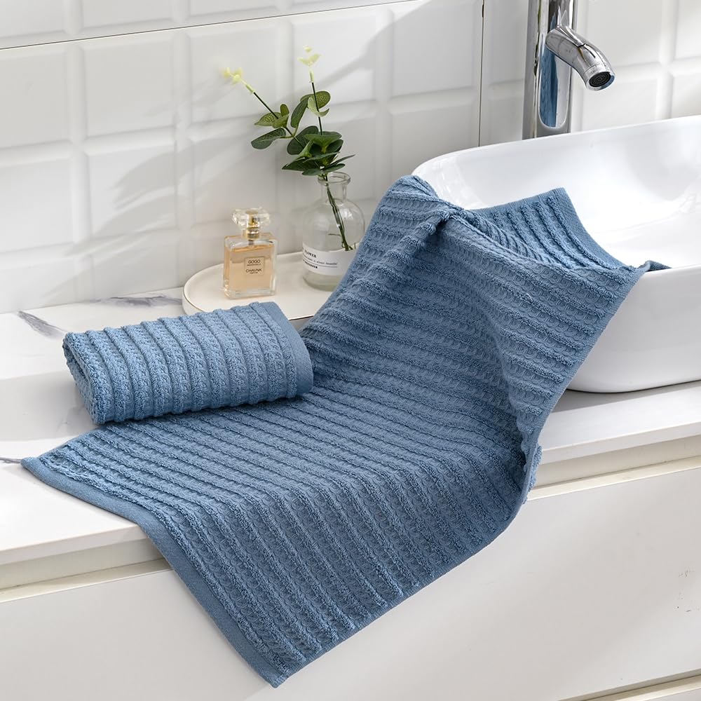 Sense Gnosis Blue Hand Towel Set Of 2 Ultra Soft 100% Cotton Waffle Terry Striped Absorbent Lightweight Fast Drying Decorative H