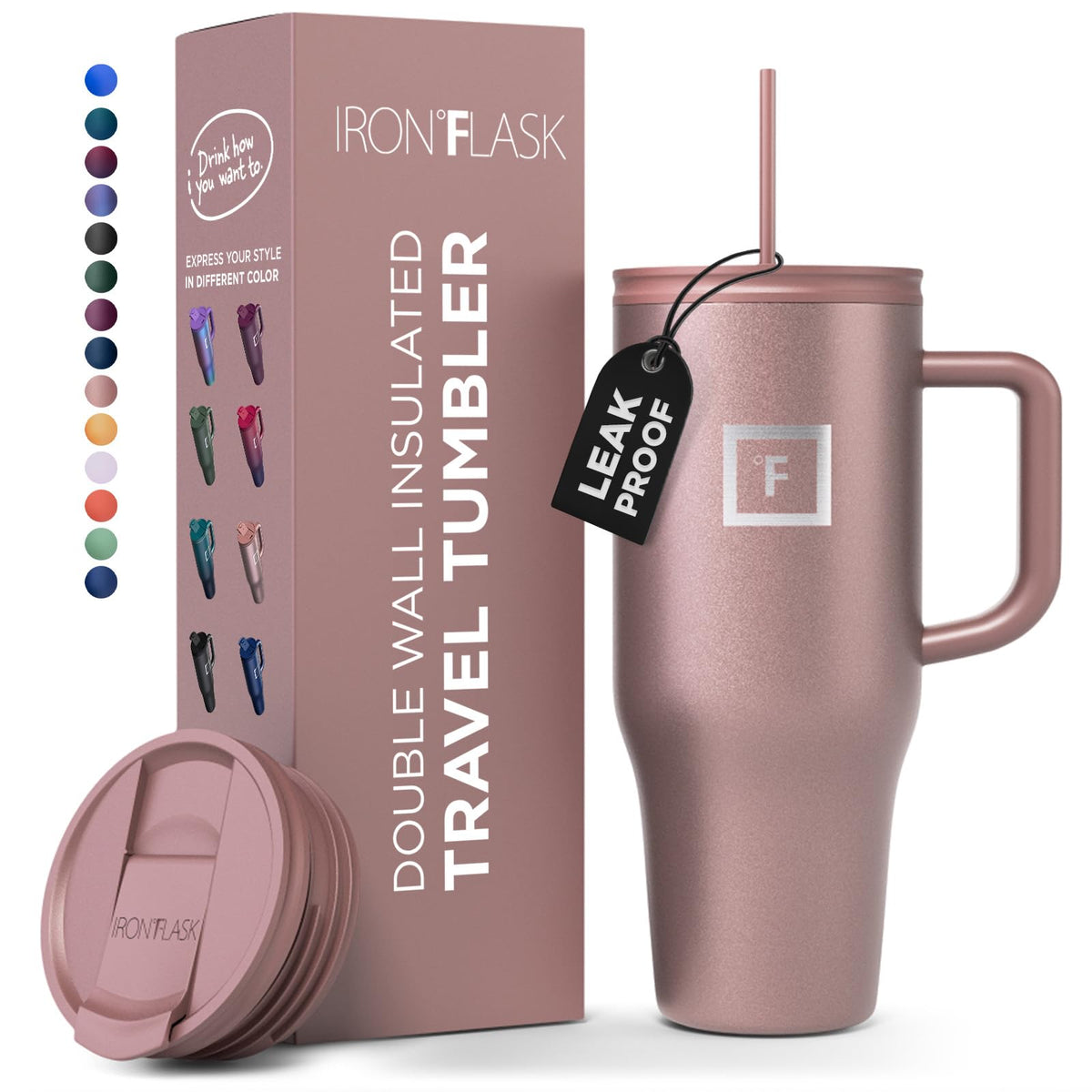 Iron Flask Co-Pilot Insulated Mug W/Straw & Flip Cap Lids - Cup Holder Bottle For Hot, Cold Drink - Leak-Proof - Water, Coffee P
