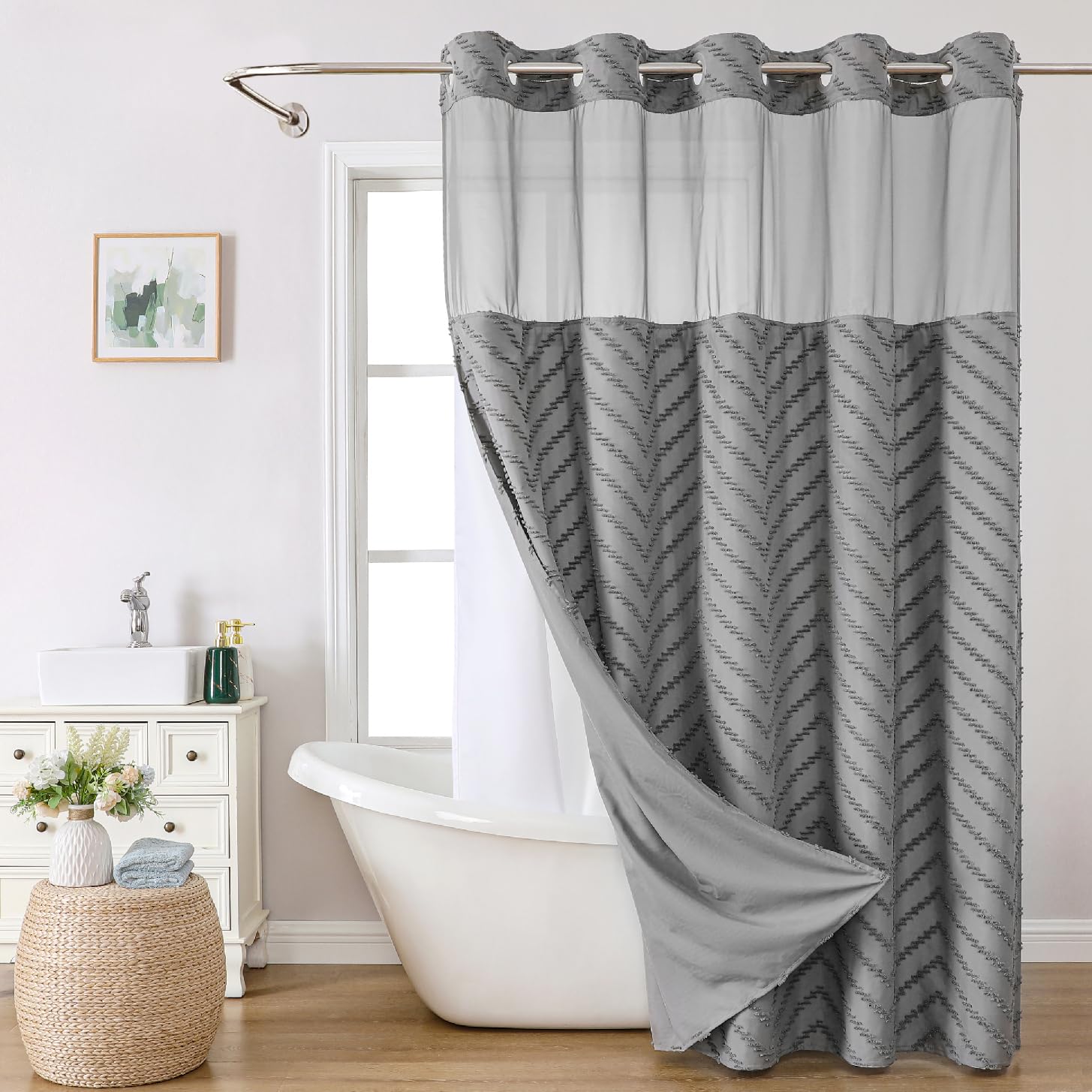 Eachope Long No Hook Tufted Chevron Striped Shower Curtain With Snap-In Fabric Liner Set-71Wx80H(78H),Grey Hotel Grade Boho Styl