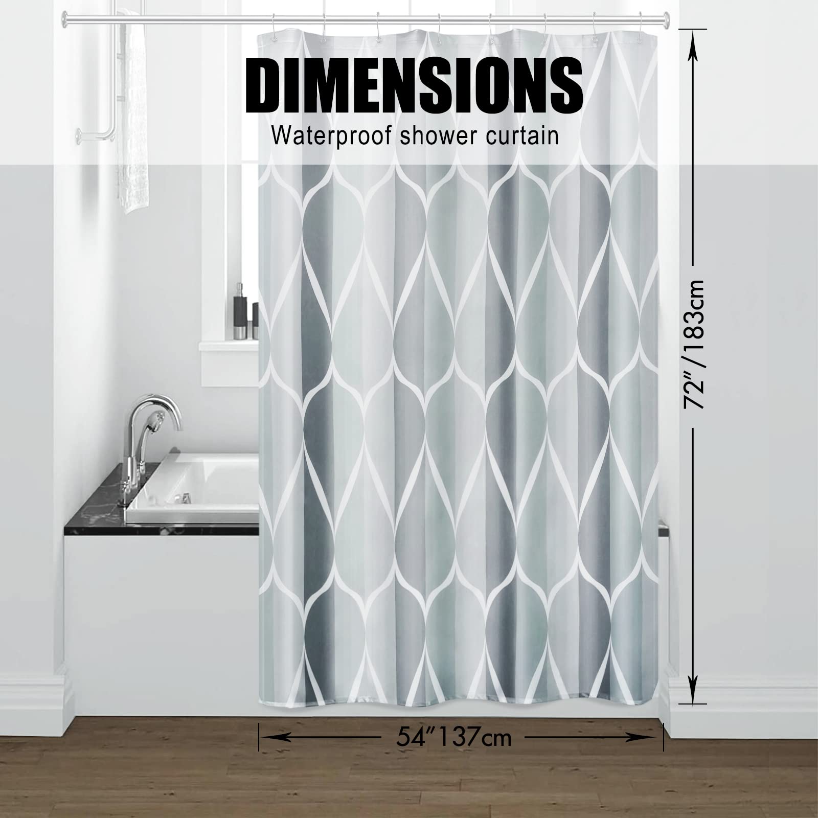 Gelbchu Grey Fabric Geometric Shower Curtain W 54 x H 72 Waterproof Design and Polyester  Quick-Drying  Weighted Hem  Stall Size Shower Curtains Set for Bathroom  Durable and Washable with 8 Hooks