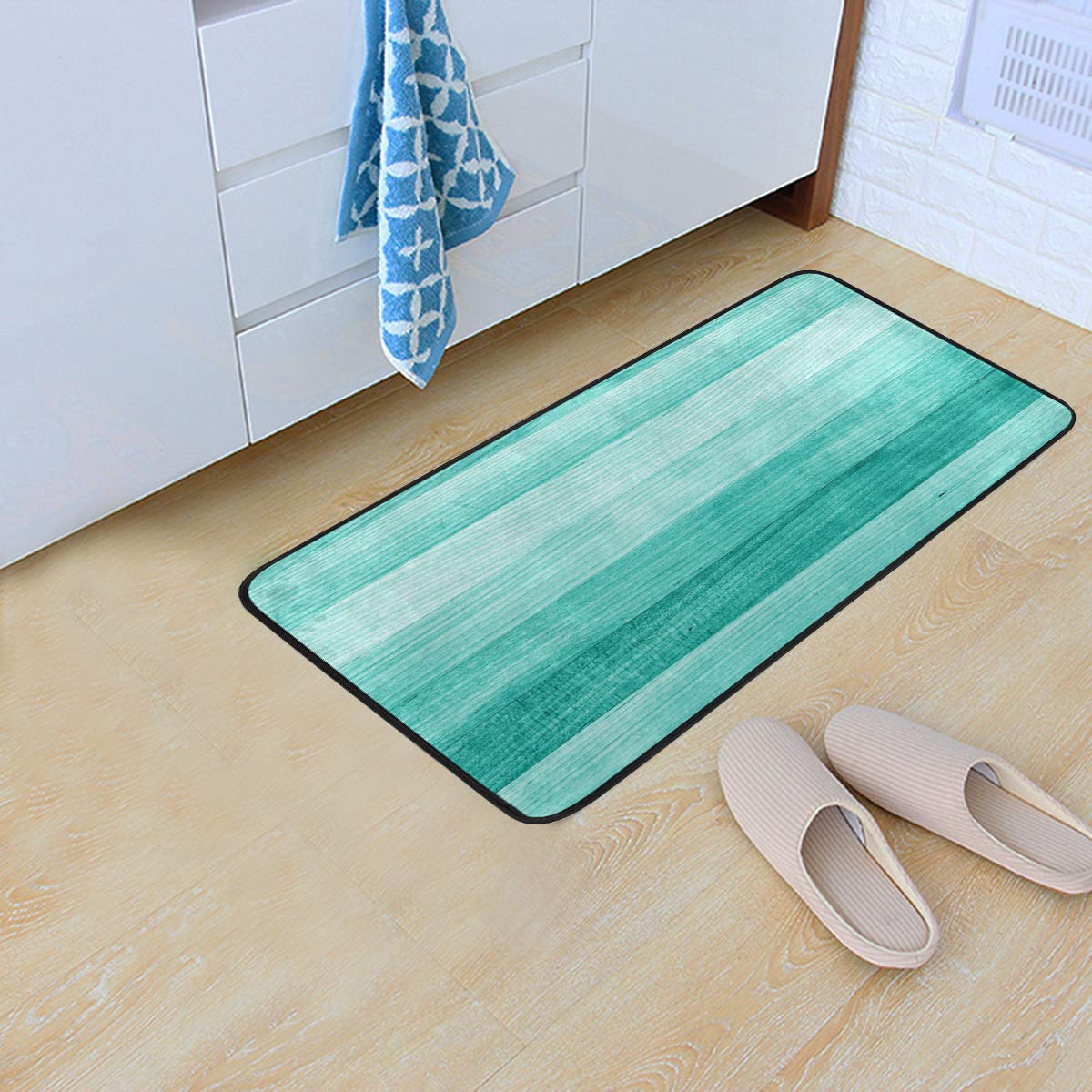 Kitchen Rugs Teal Turquoise Green Wood Design Non-Slip Soft Kitchen Mats Bath Rug Runner Doormats Carpet For Home Decor, 39'' X