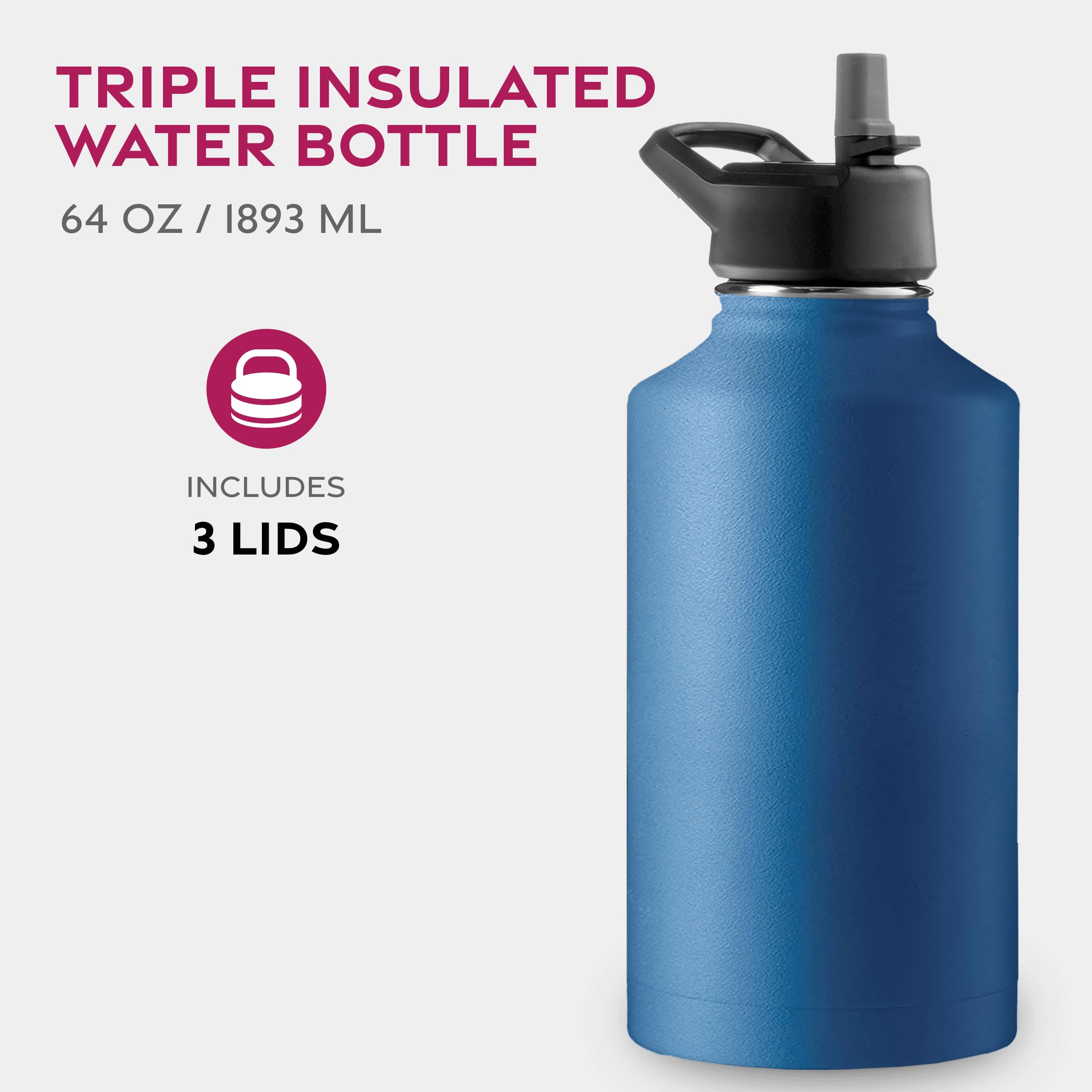 FineDine Triple Walled, Insulated Water Bottles with Straw - 64 Oz Stainless Steel Metal Bottle W/ 3 Leak Proof Lids - For Trave