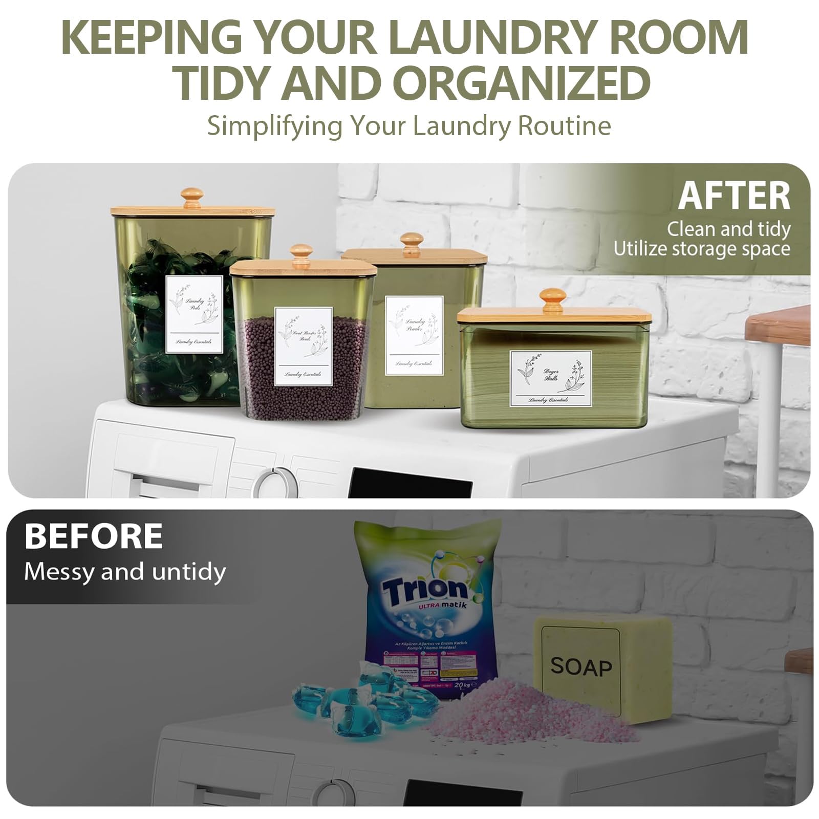 Zingbee 4 Pack Laundry Pods Container & Dryer Sheet Holder, Plastic Laundry Pod Holder With Lids & Scoops, Laundry Room Organiza