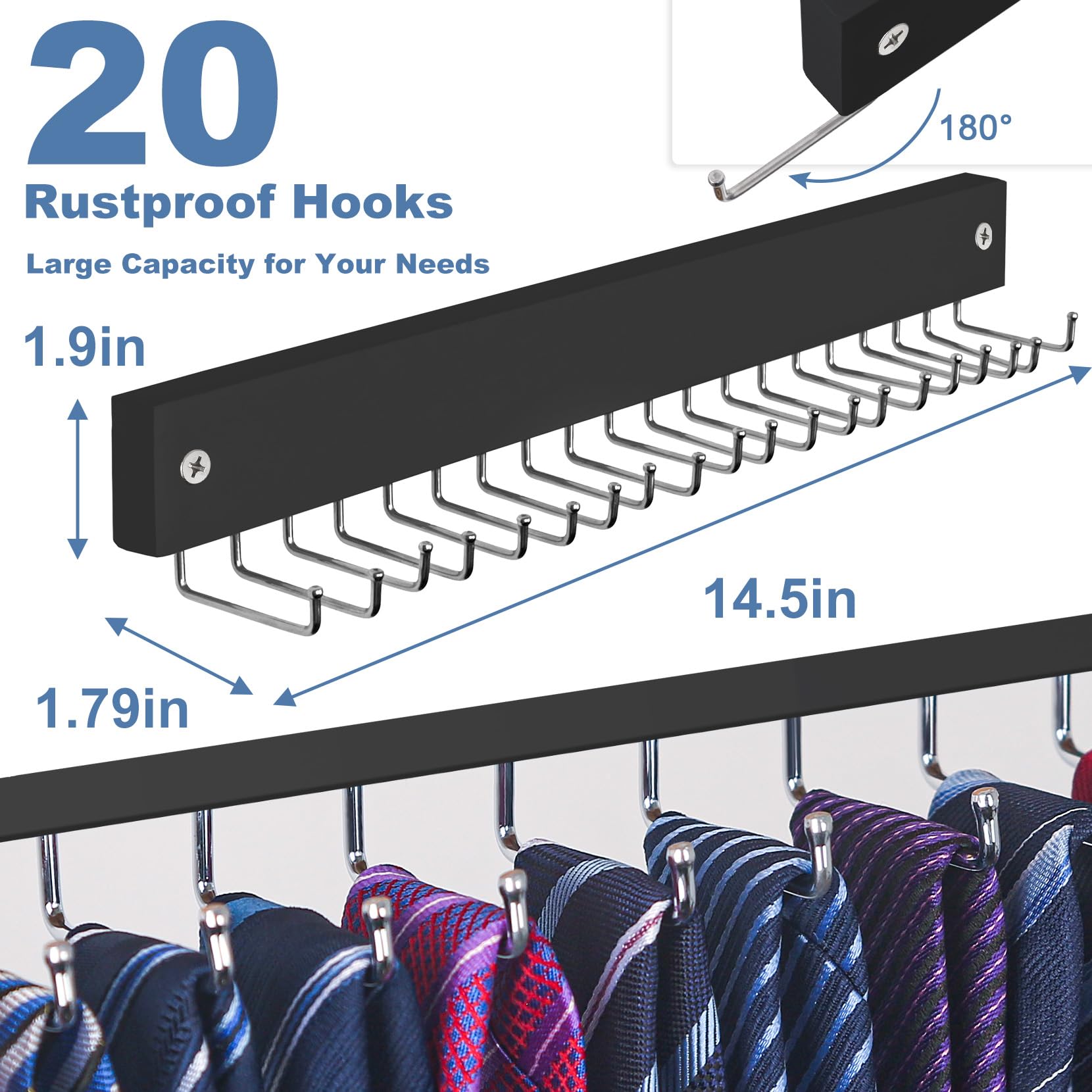 Belt Hanger Tie Rack Wall Mounted, 360Rotating Belt Organizer Tie Hanger Max 20 Storage For Belt, Ties, Purse, Scarves, Tank Top