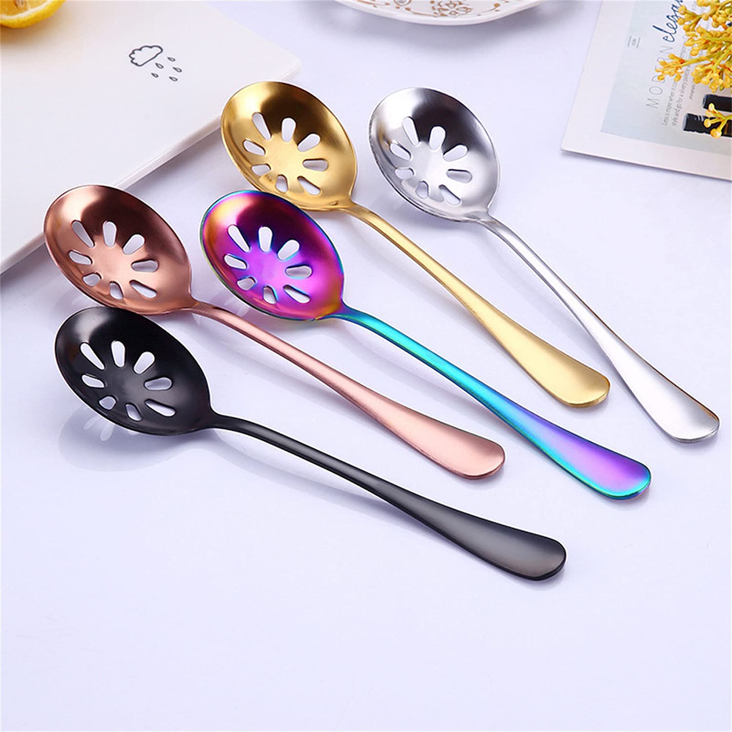 Dadamong 5Pcs Serving Slotted Spoons, Colorful Stainless Steel Serving Utensils Skimmer Perforated Serving Spoon For Buffet Banq