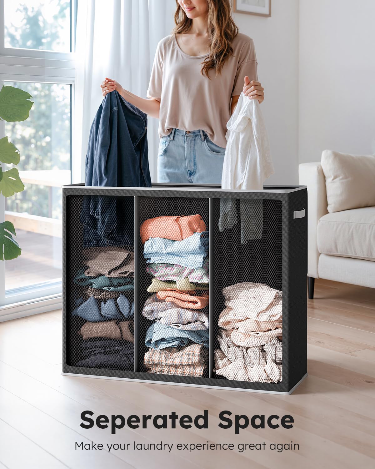 Soledi 180L Laundry Hamper 3 Section, Extra Large Laundry Hamper With Lid, Dirty Clothes Hamper With Sturdy Handle, Large Laundr