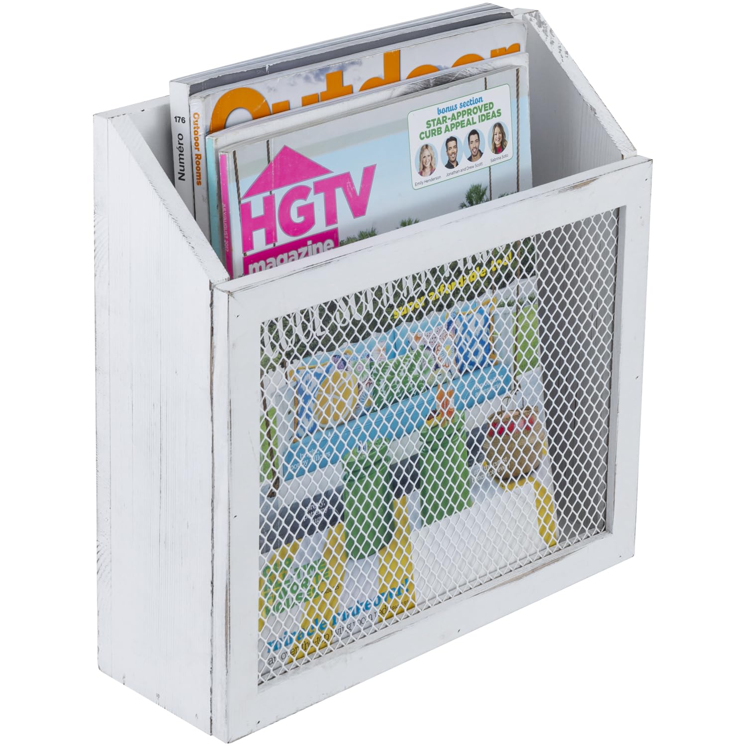 MyGift Rustic Magazine Holder Vintage White Wood and Chicken Wire Design Wall Mounted/Tabletop Mail Sorter, Farmhouse Home, Bath