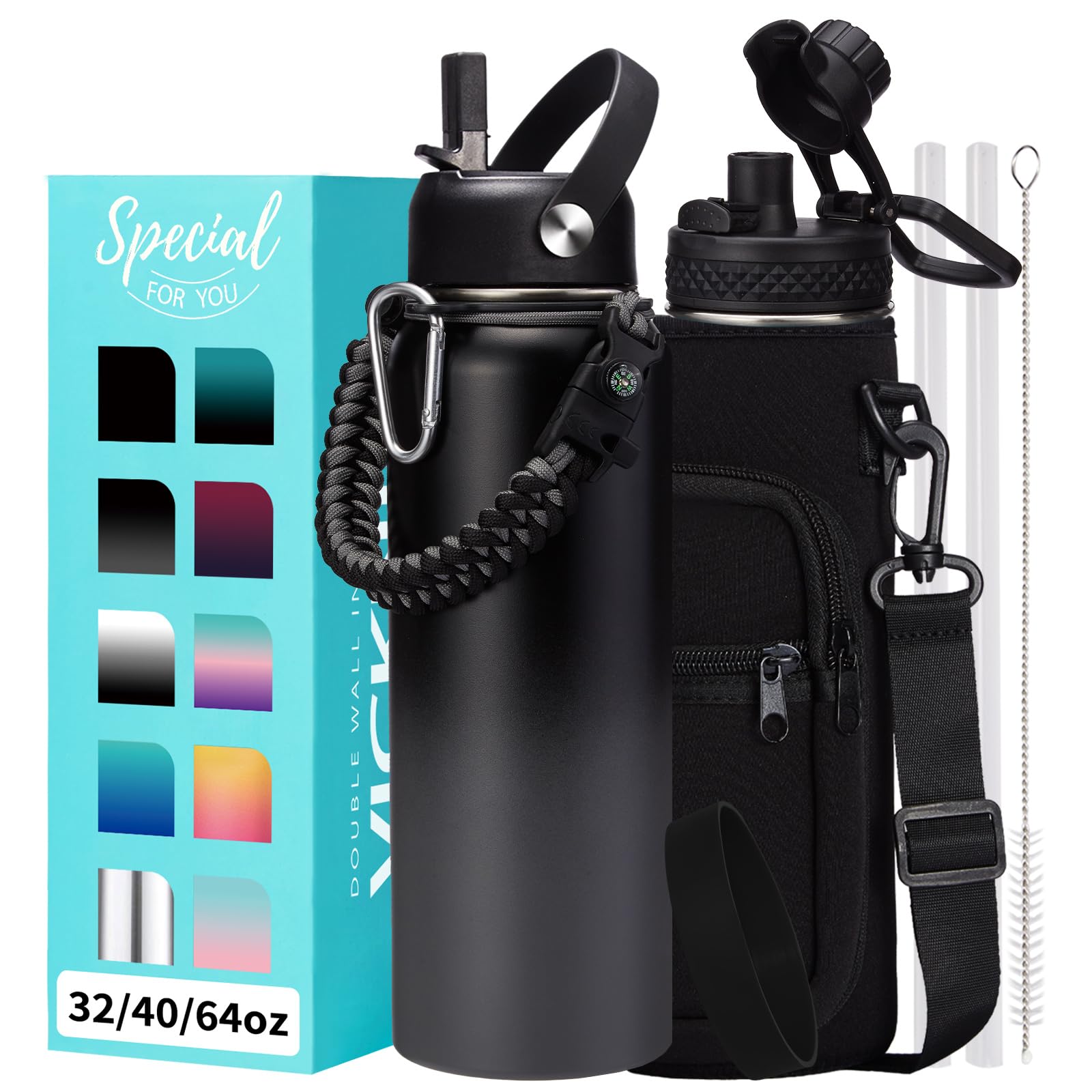 40 oz Water Bottles Insulated - Wide Mouth Stainless Steel Water Bottle with Straw, Spout Lid, Paracord Handle, Carrier Bag, Pro