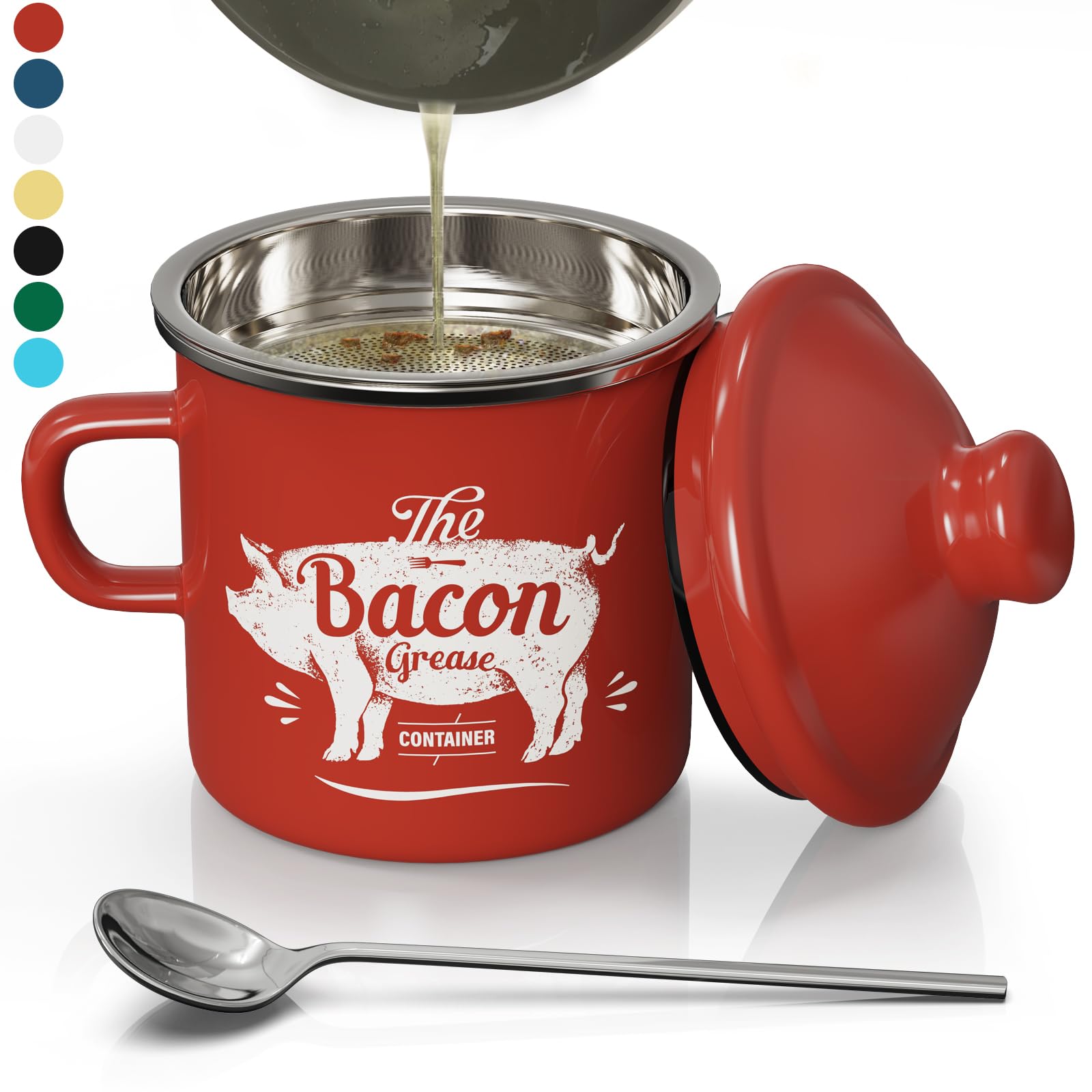 PGYARD Mini Bacon Grease Container With Strainer - 15OZ Enamel Grease Saver, Farmhouse Bacon Grease Keeper For Kitchen Fat Stora