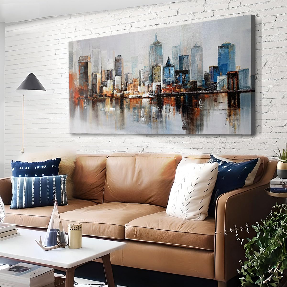 Arjun Brooklyn Bridge Wall Art Modern New York City Abstract Canvas Cityscape NY Painting Large Framed Colorful NYC Skyline Text