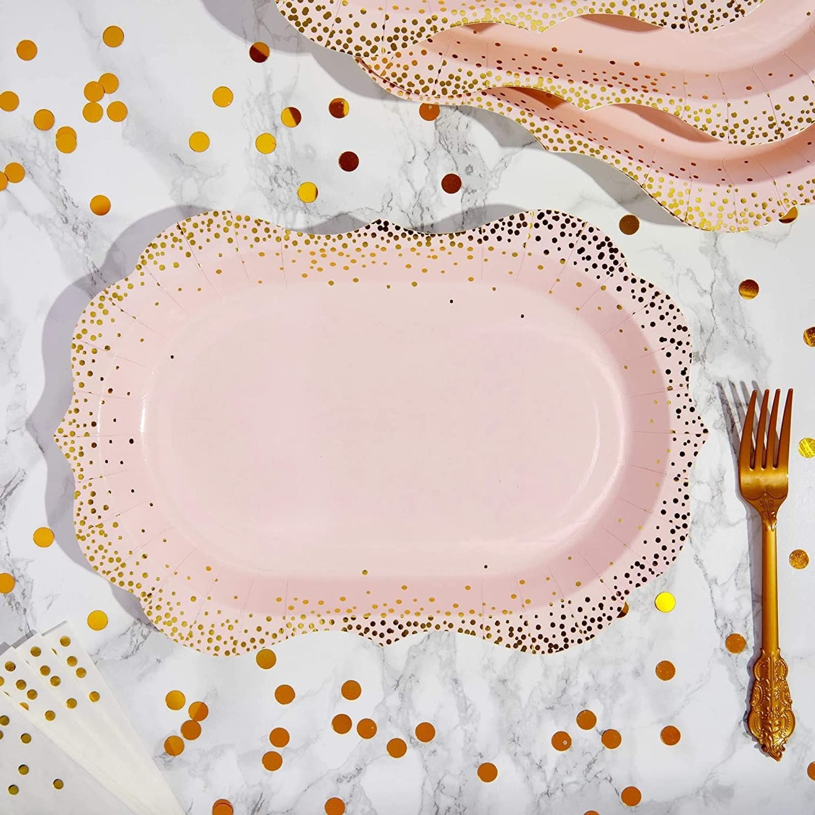 Sparkle And Bash 24-Pack Pink Disposable Serving Trays, Gold Foil Polka Dotted Party Platters For Wedding, Birthday, Tea Party,