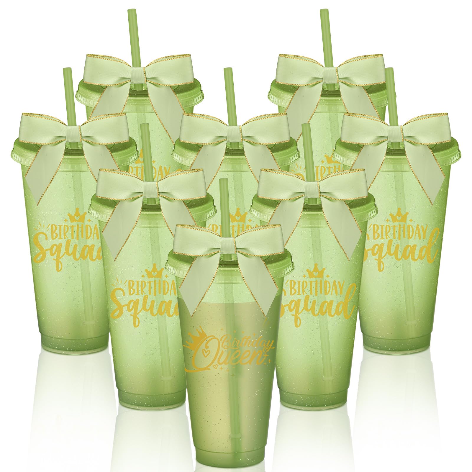 Jingmore 8 Set Birthday Party Glitter Tumblers 24 oz Birthday Squad Queen Plastic Tumblers with Lid Straw and Twist Bow for Squa