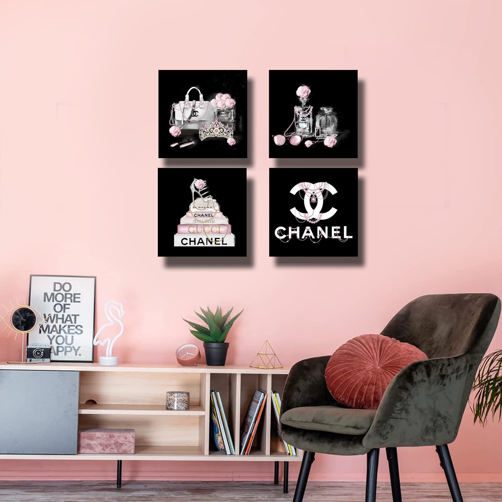 Meetdeceny Black And White Wall Art/Pink Book Pictures Room Decor For Teen Girls/Women Handbag Perfume Wall Decor For Living Roo