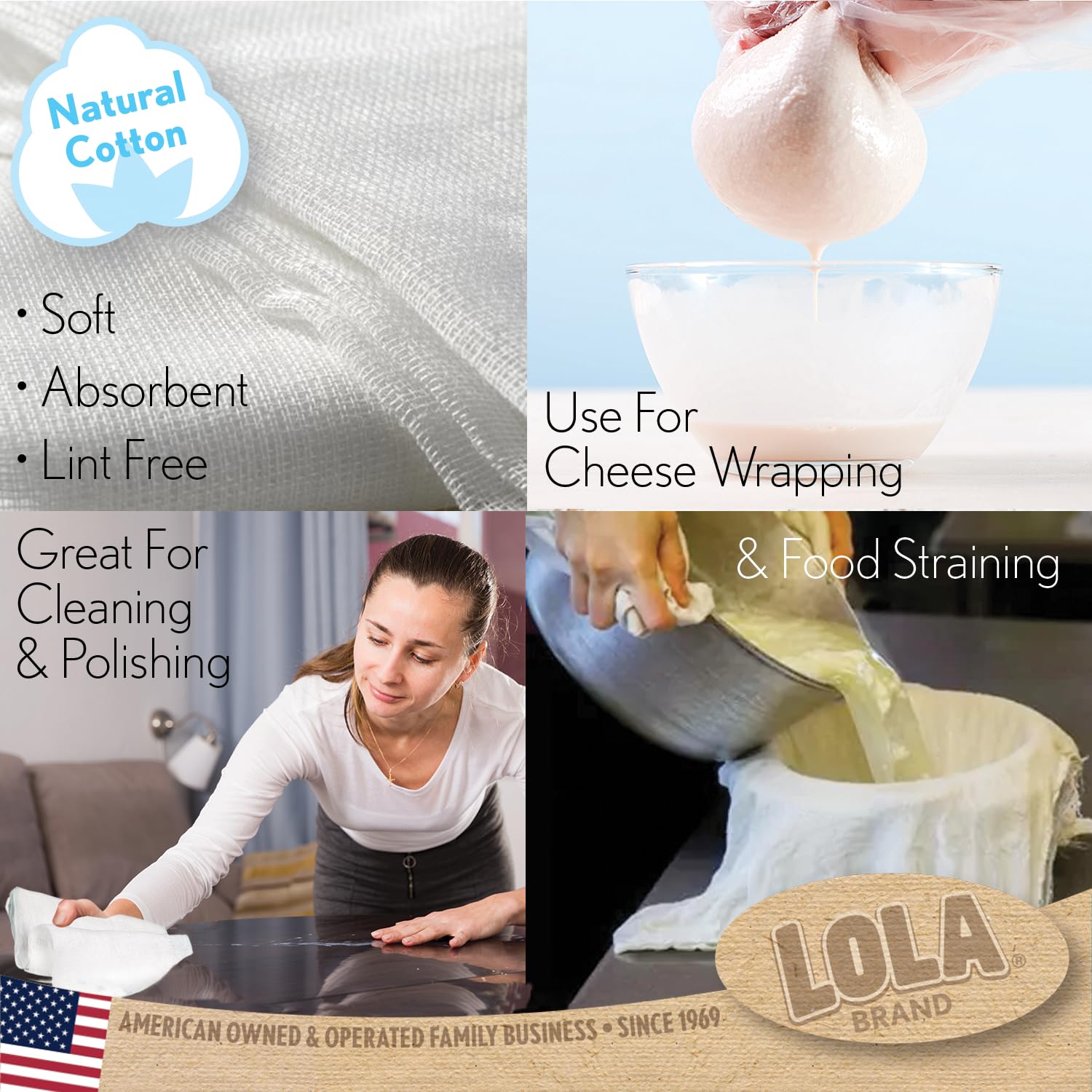 Lola Products Cheese Cloth, 162 Sq. Feet, 100% Cotton, Lint Free, For Poultry Wrapping, Cooking, Straining & Cheese, 6 Packs At