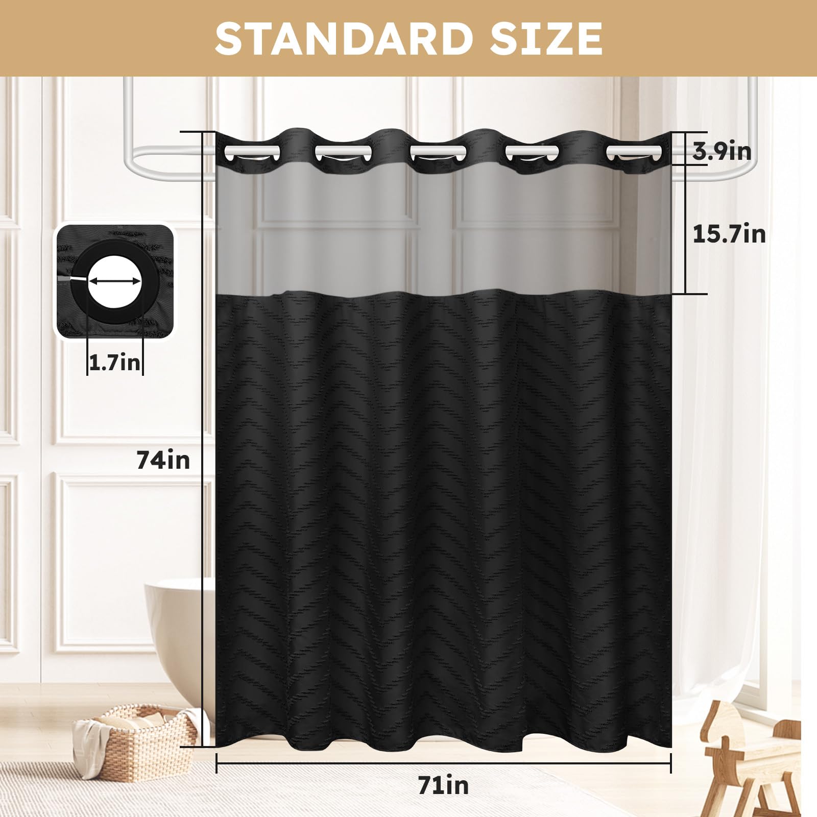 Fadoty No Hook Shower Curtain And Snap In Liner Set Black Tufted Chevron Striped Cloth Waterproof Washable Fabric Boho Bath Curt