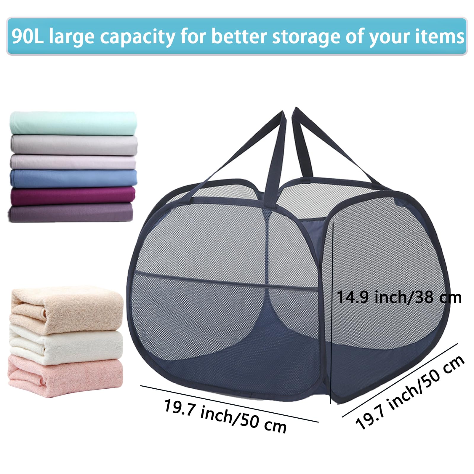 Kimmama Collapsible Mesh Laundry Basket,Foldable Pop Up Laundry Hamper With Side Pocket,Removable Clothes Storage Bin With Handl
