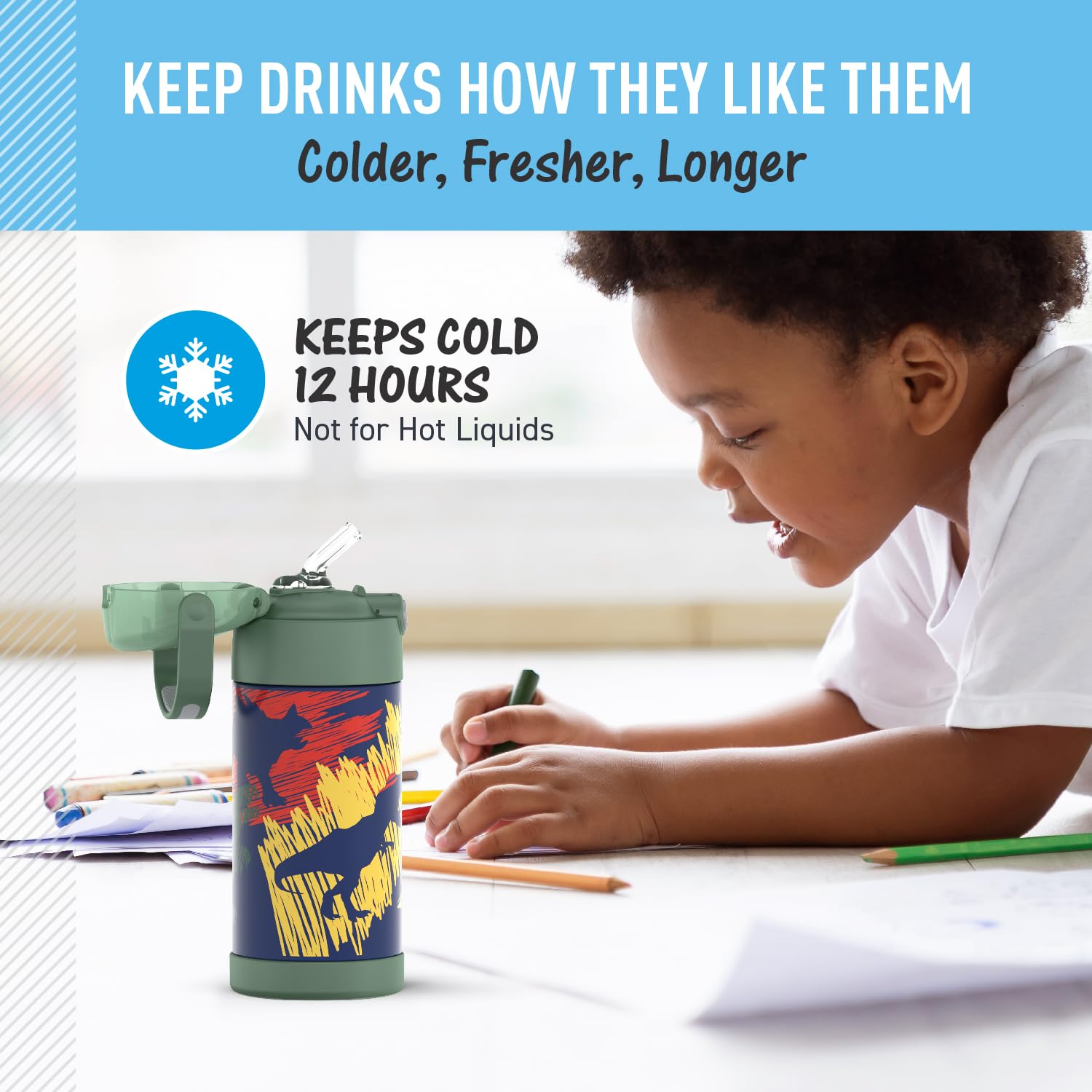 Thermos Funtainer Water Bottle With Straw - 12 Ounce, Dinosaurs - Kids Stainless Steel Vacuum Insulated Water Bottle With Lid