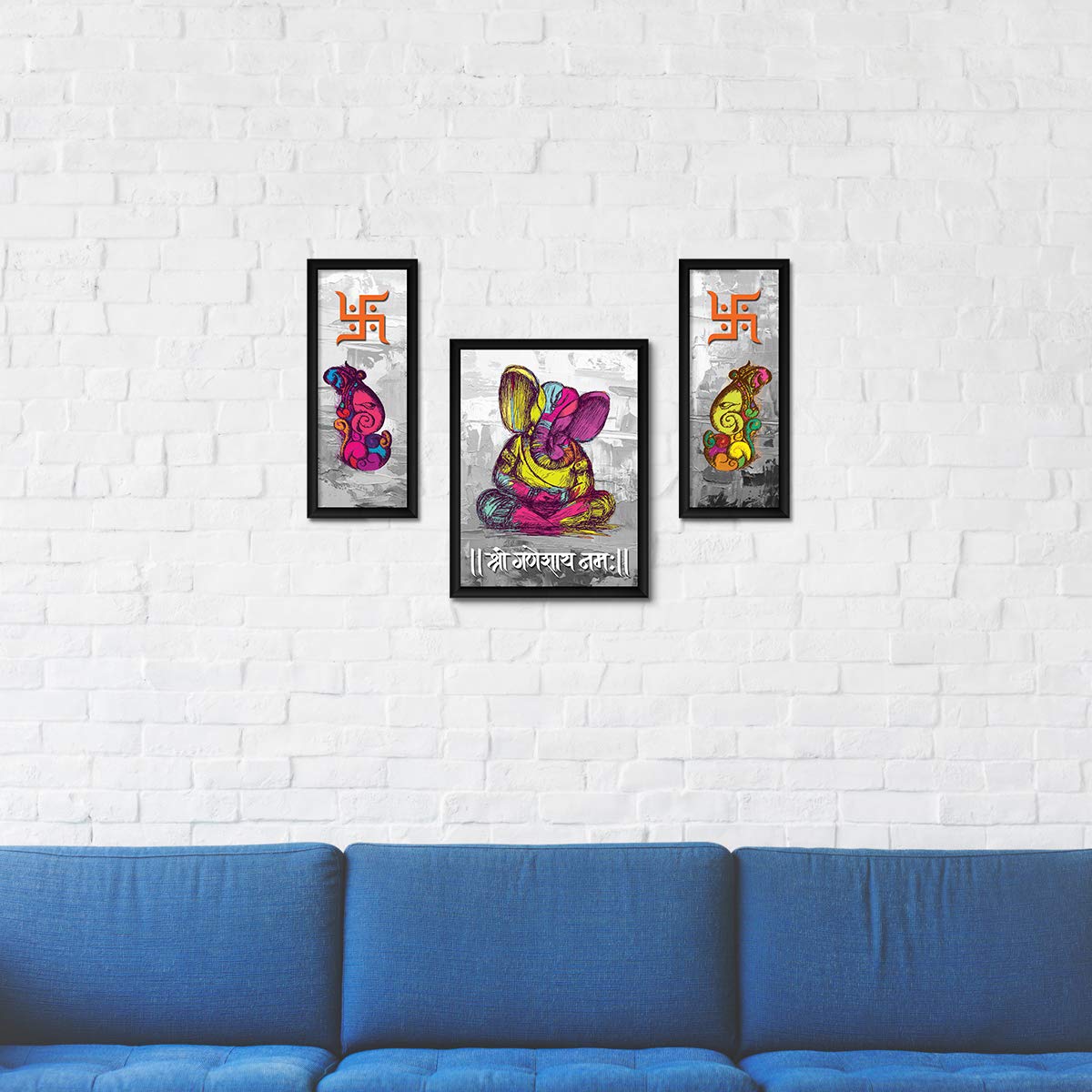 ArtX Paper God Ganeshji Swastika Photo Frame for Wall Art Painting, Multicolor, Abstract, 13 X 22 Inches, Set of 3