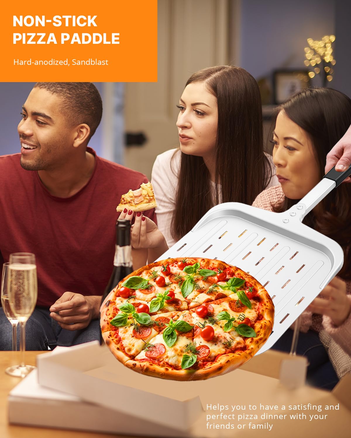 Perforated Pizza Peel 12-Inch, Professional Nonstick Aluminum Metal Pizza Paddle Spatula, Heat-Resistant Handle, Lightweight Piz