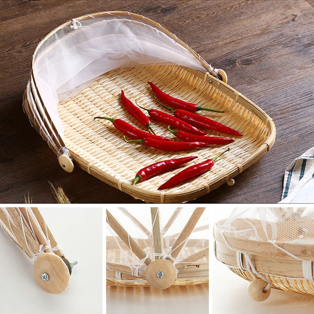 Food Bamboo Food Serving Tent Basket Hand-Woven Basket Serving Dustproof Picnic Basket Vegetable Fruits Bread Food Home Square F