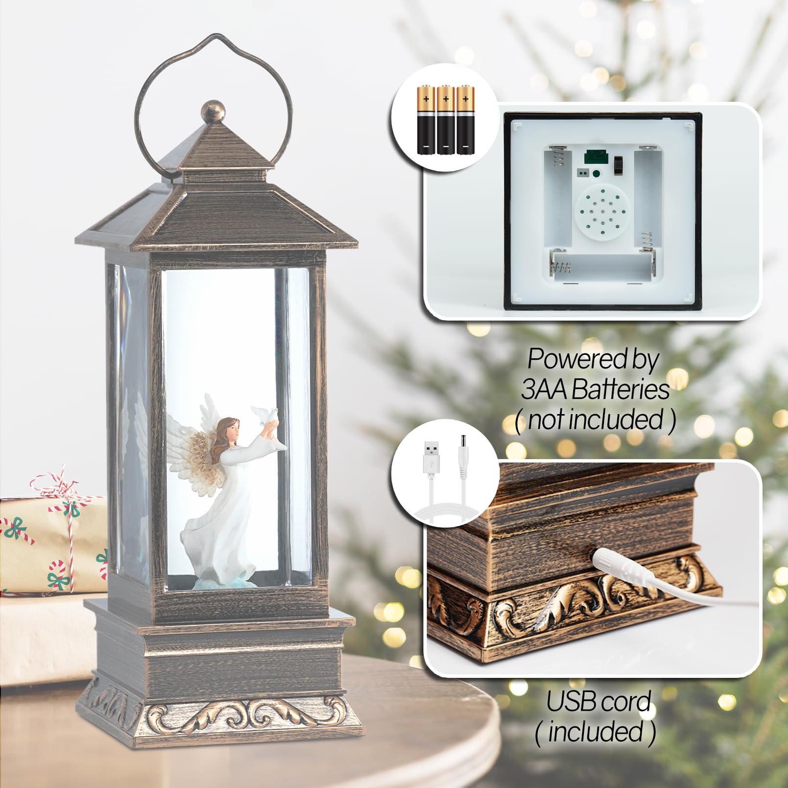 12 Christmas Snow Globe Lantern with Angel and Dove - Water Glittering LED Light Lantern with Music - Vintage Xmas Angel Gifts -