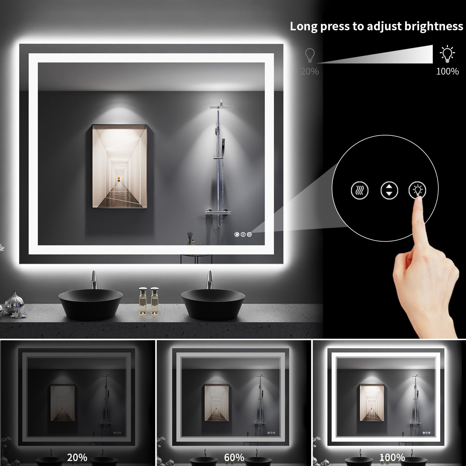 Loaao 48''X40'' Led Bathroom Mirror With Lights, Anti-Fog, Dimmable, Backlit + Front Lit, Lighted Bathroom Vanity Mirror For Wal