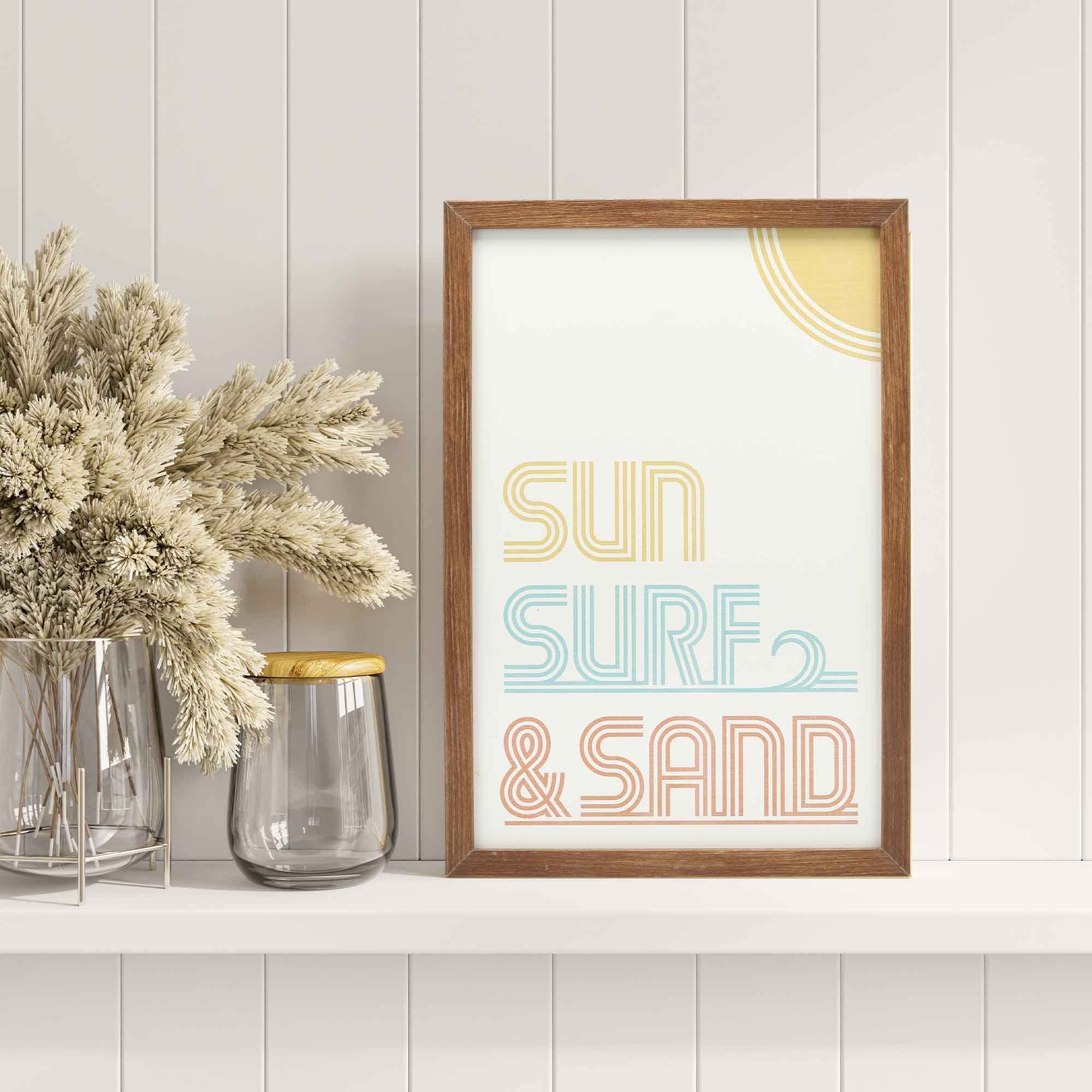 Sun Surf And Sand Framed Wood Wall Decor - Retro Vibe Wall Art For Bedroom, Living Room Or Beach House