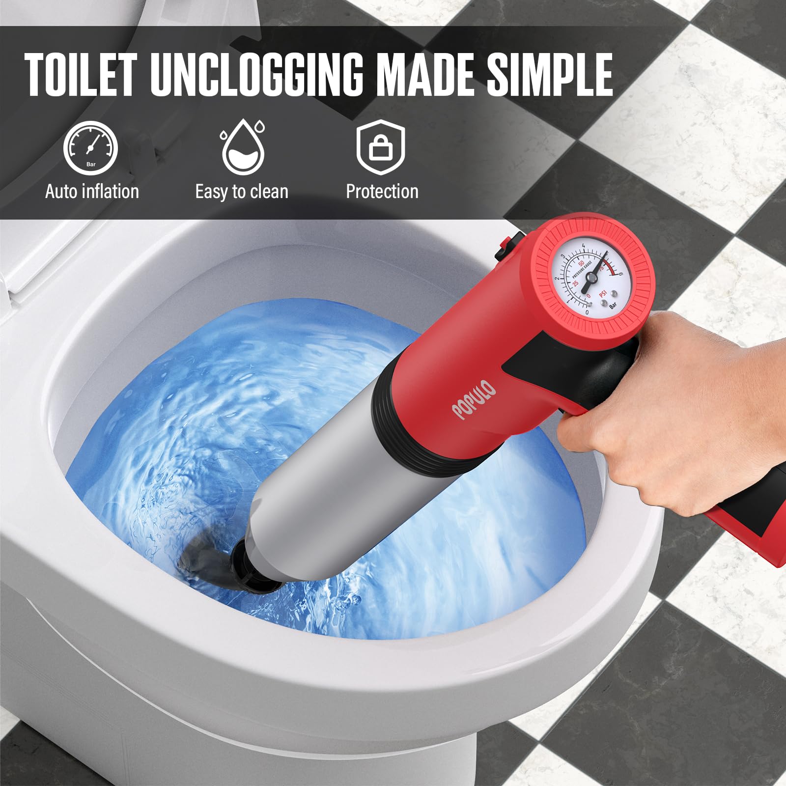 Populo Electric Toilet Plunger - Swift High-Pressure Drain Unclogger | Plungers For Bathroom, Floors, Shower Heavy Duty | Versat