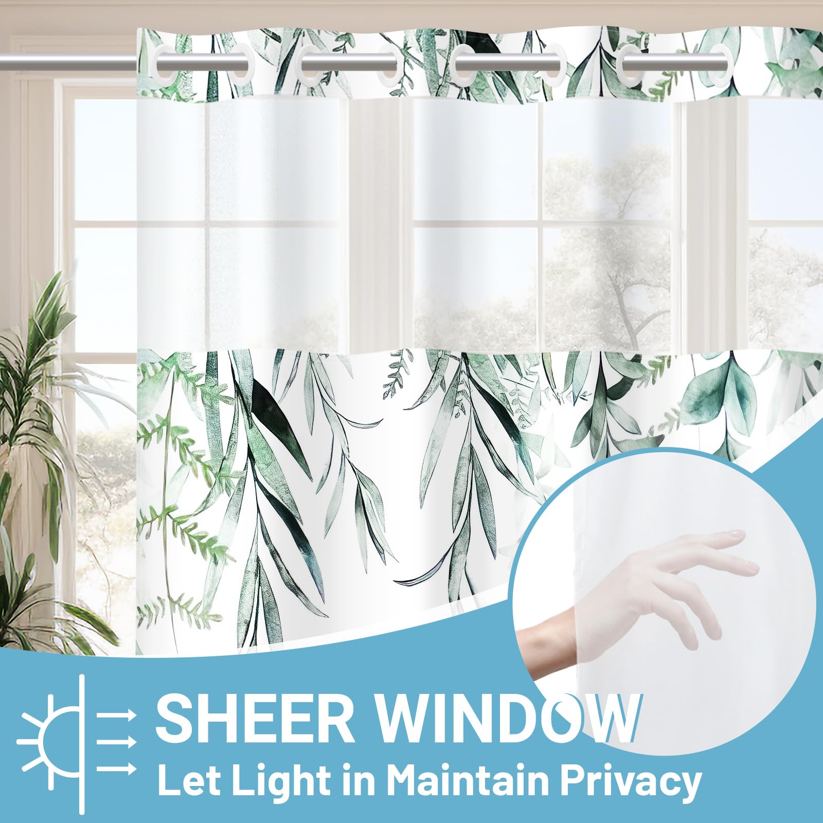 Withloc No Hook Shower Curtain With Snap In Liner - Fabric Waterproof Inner Liner, Plants Watercolor Green Eucalyptus Leaves Far
