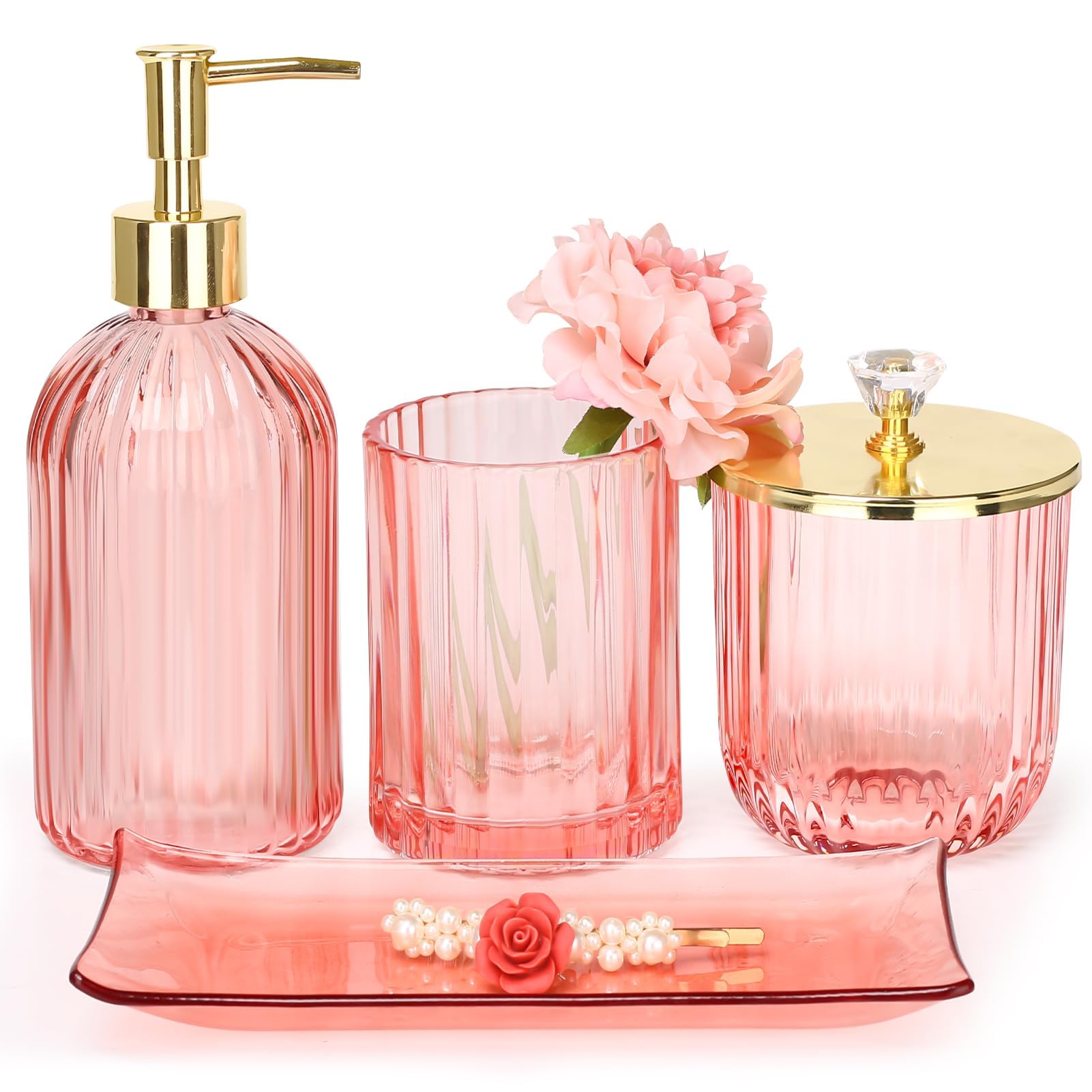 Bathroom Accessories Set  4 Pcs Glass Bathroom Accessories Sets Complete w/Lotion Soap Dispenser  Toothbrush Holder  Apothecary Jar  Vanity Tray  Modern Bathroom Decor  Gift for Home Apartment- Pink