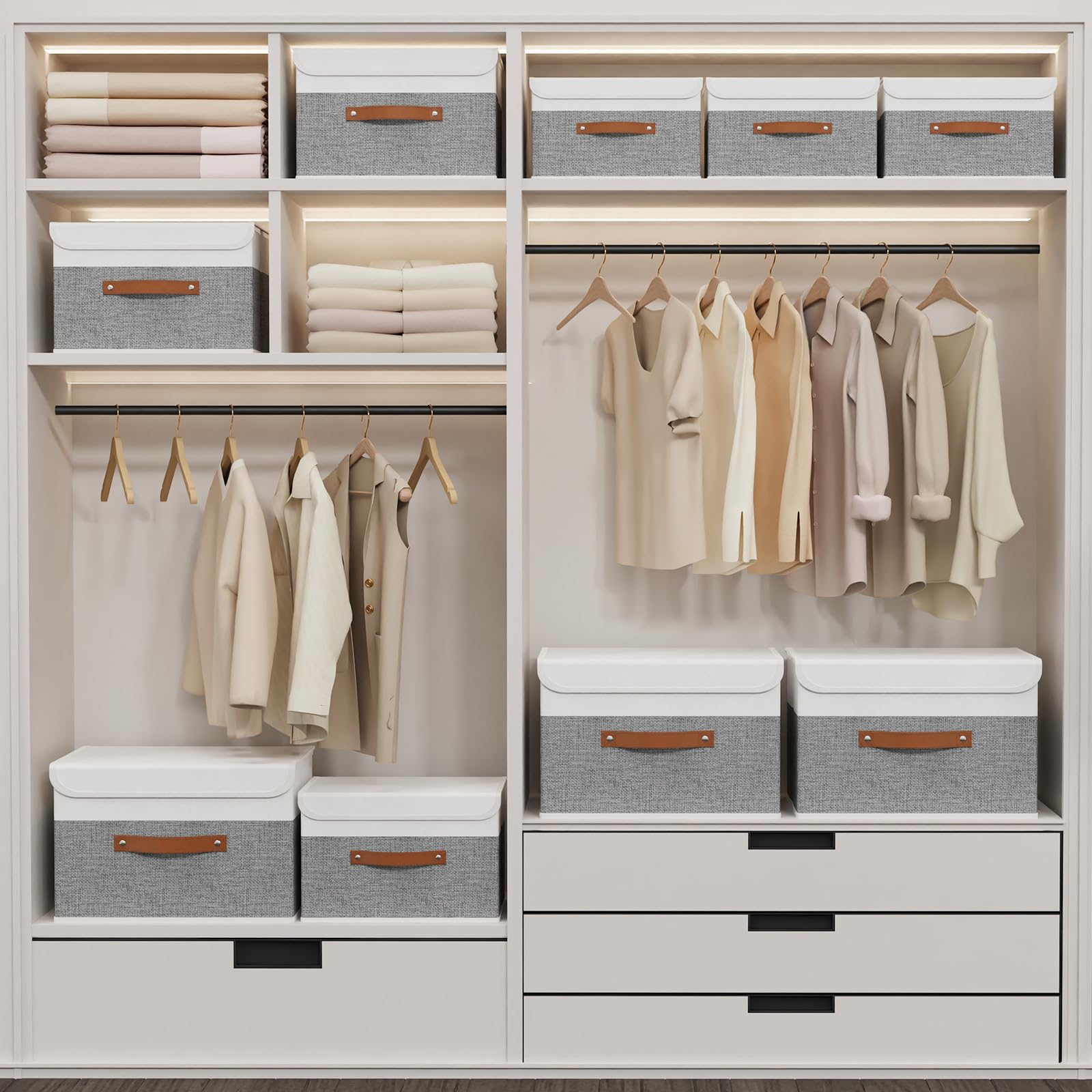 Yawinhe Collapsible Storage Boxes 3 Pack  Linen Fabric Storage Baskets Washable  with Lids and Leather Handle  for Home Bedroom Closet Office  (White/Grey  15.0x9.8x9.8in)  USNK024WGL-3