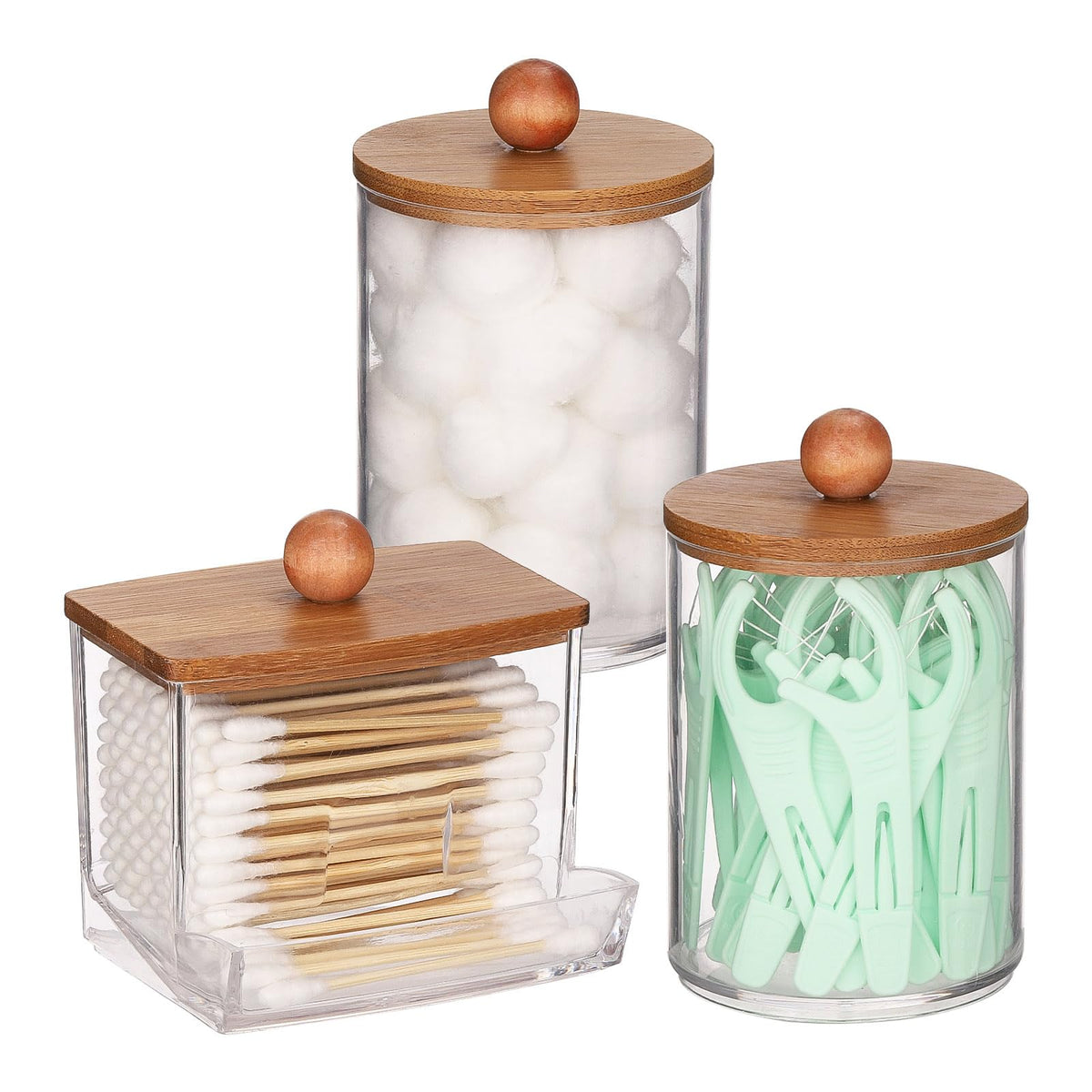 Tbestmax Qtips Holder Dispenser, 10/7 Oz Cotton Ball/Swabs Storage Containers, Apothecary Jars For Bathroom Organizer Bambooo Li
