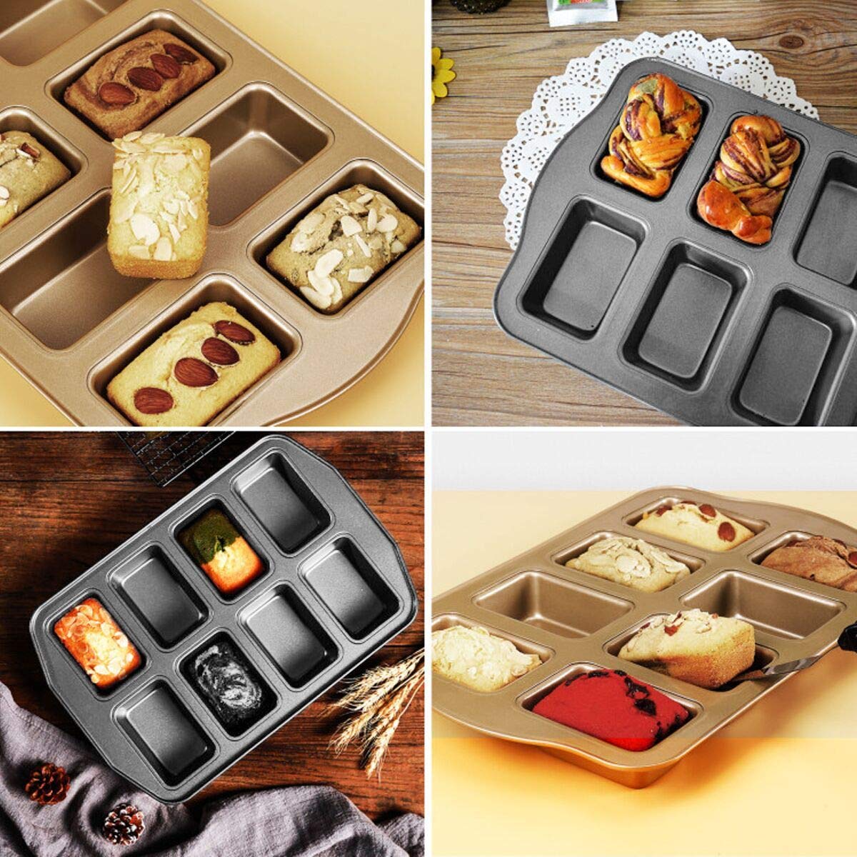 Kilimazart Non-Stick Mini Loaf Pan Cake Bread Baking Tray Carbon Steel Bakeware 8-Cavity (Golden)