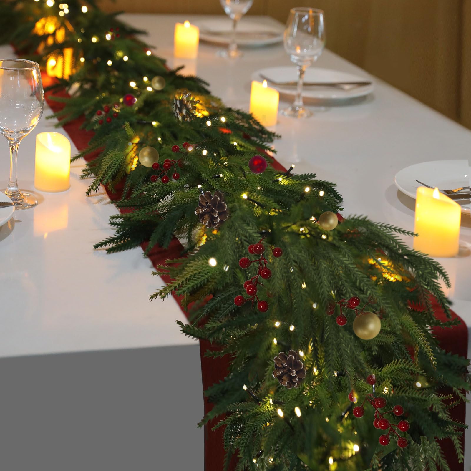9.8Ft Christmas Norfolk Pine Garland with Berry and Pines,Real Touch Cedar Garland,Pine Garlands for Mantle, Table,Stair Handrai
