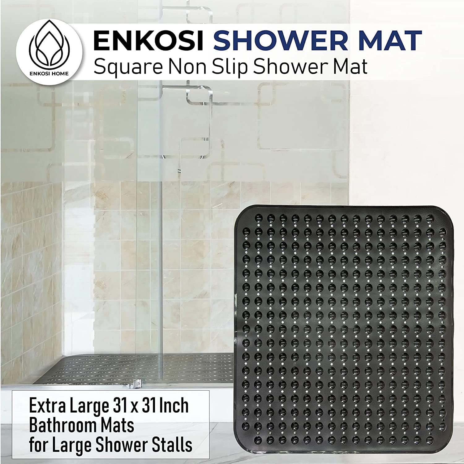 Enkosi Extra Large Square Non Slip Shower Mat - 31 X 31-Inch Xl Bathroom Shower Mat - Square Shower Matts For Shower Stall Floor