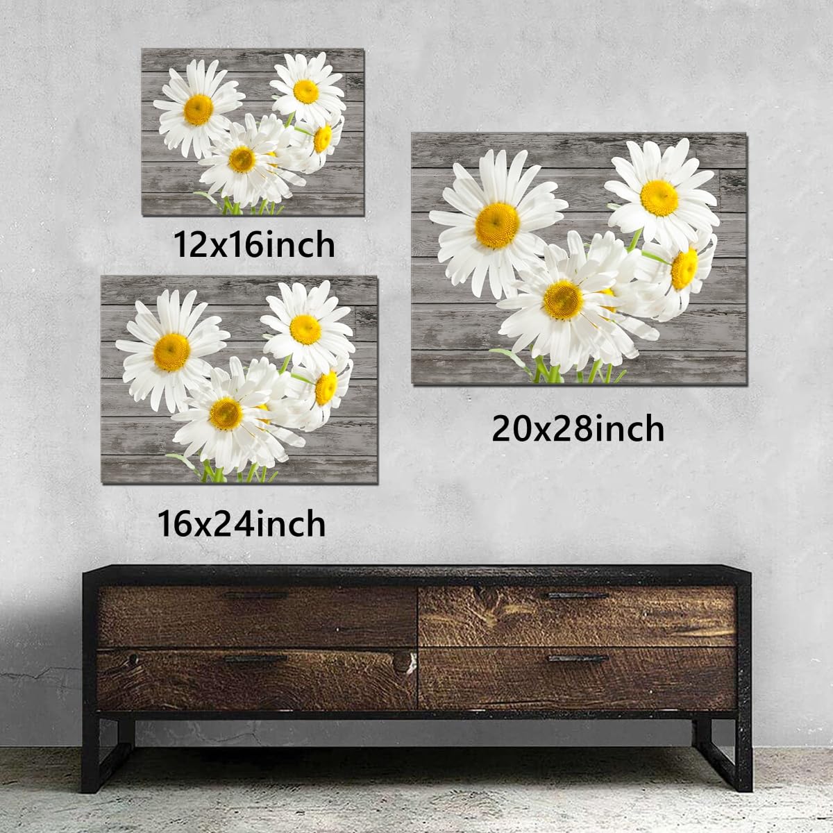 Taomi White Flower Rustic Wall Decor Poster Artwork Canvas Print Bedroom Wall Art Yellow Daisy Floral Greyscale Wooden Grain Pic