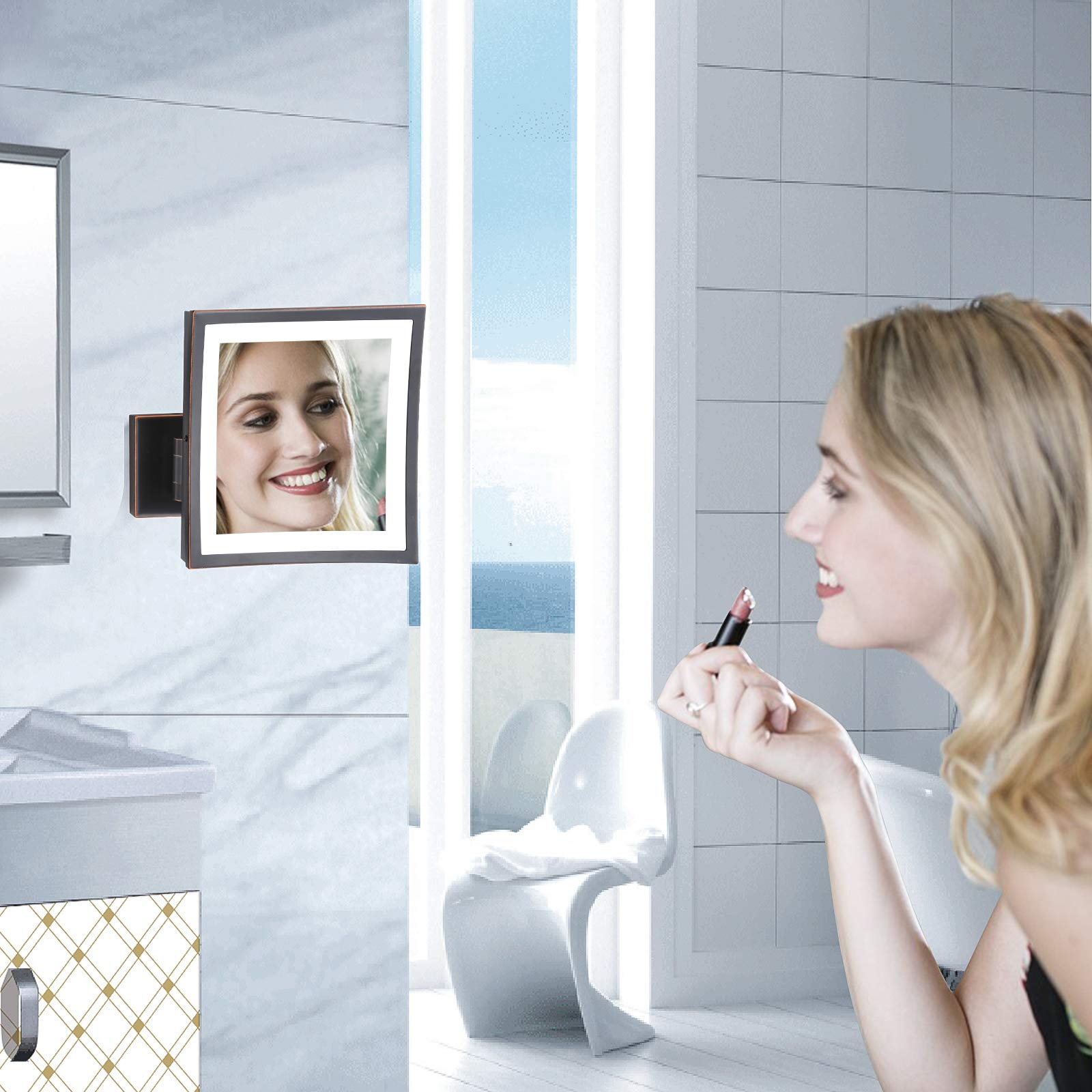 Dowry Led Lighted 5X Magnifying Makeup Mirror With Plug,8Inch, Polished Oil Rubbed Bronze Finished Dowry1802D-8X5