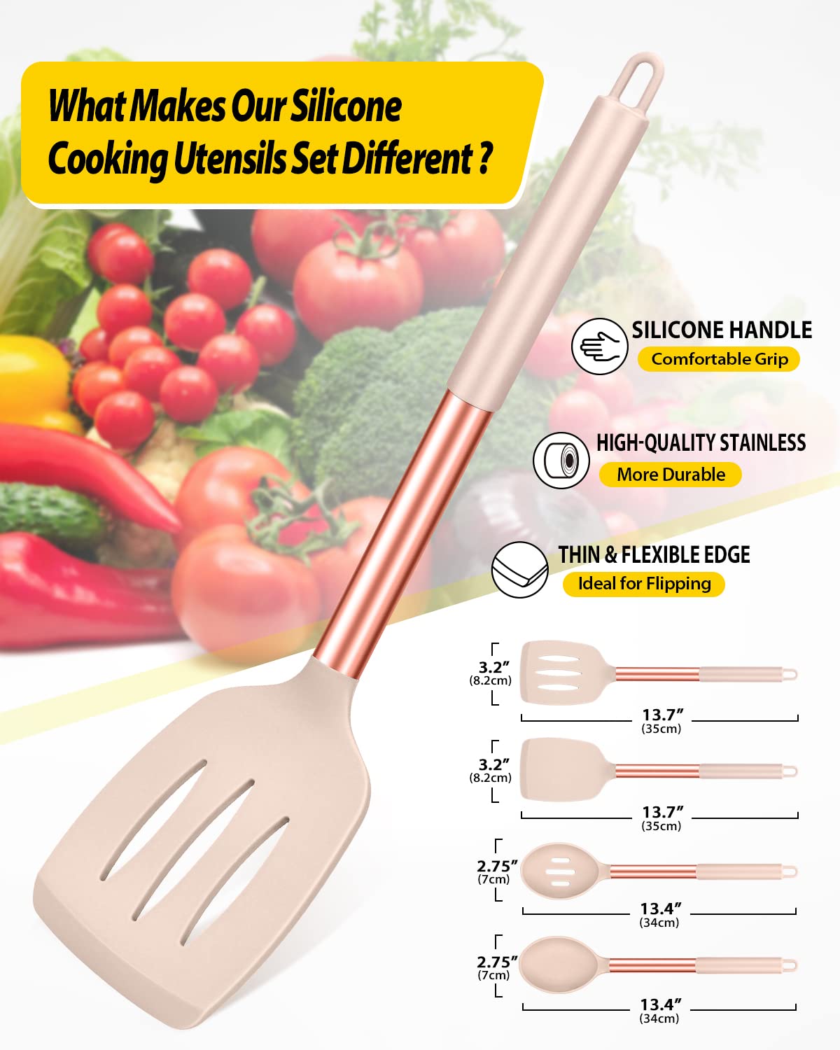 Pack of 4 Silicone Cooking Utensils Set  Non Stick Large Solid Spatulas  Heat Resistant Rose Gold Khaki Slotted Spoons  Ideal BPA Free Kitchen Turners for Frying  Mixing Serving Draining Turning