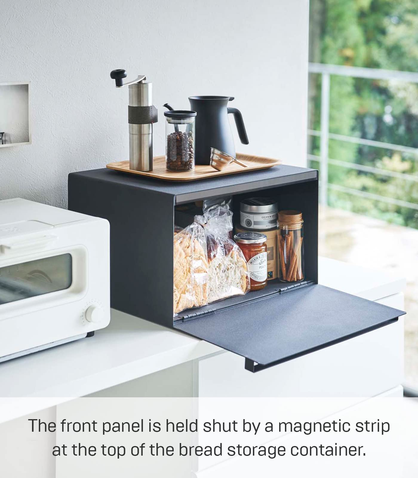 Yamazaki Home Home Tower Box Keeper Container Metal Bread Holder Saver, Slim Space Saving Counter Storage-Horizontal-Steel, One