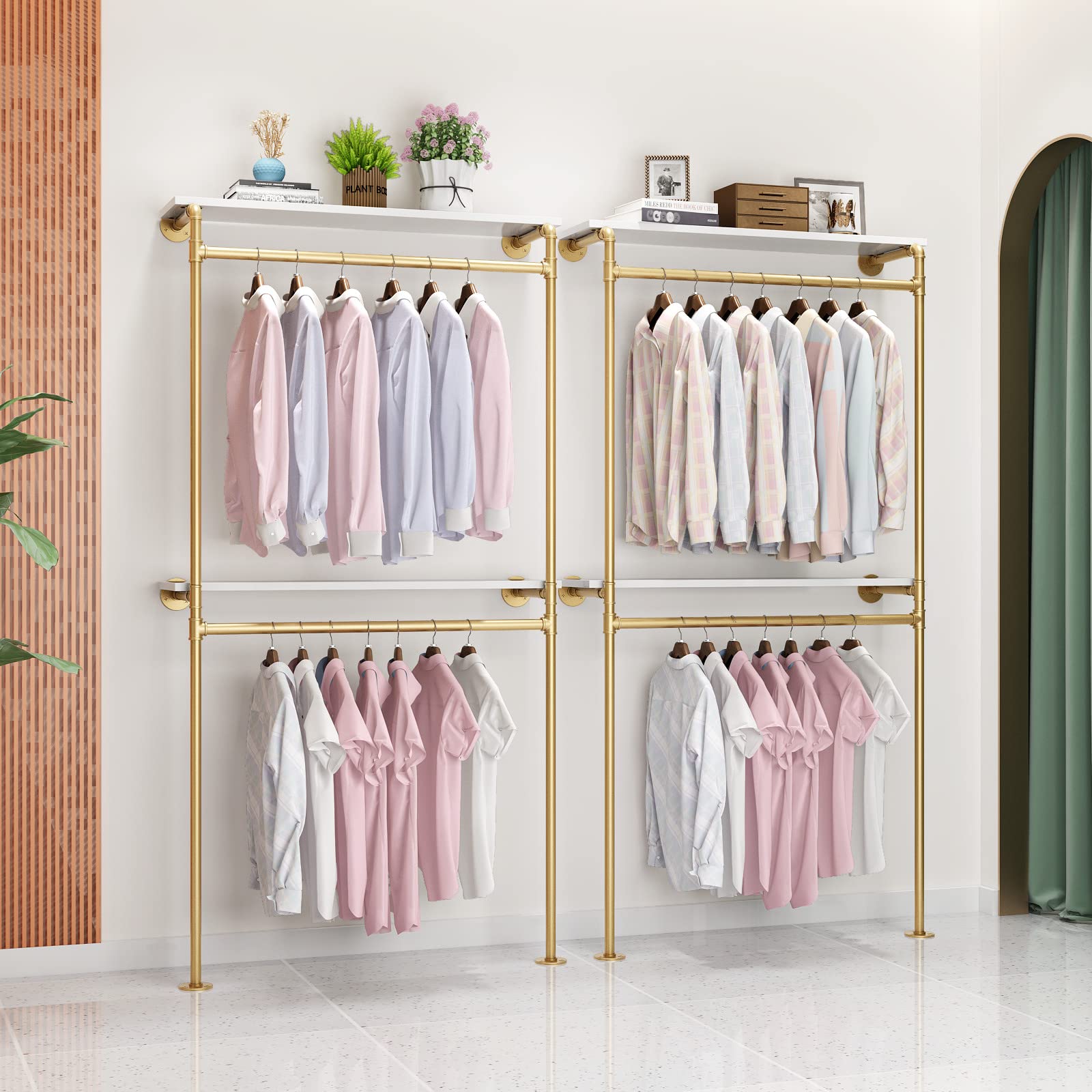 Dr.Iron Gold Pipe Clothing Racks With 2 Tier Shelves, Wall Mounted Gold Clothes Rack With Double Hanging Rods Heavy Duty Garment