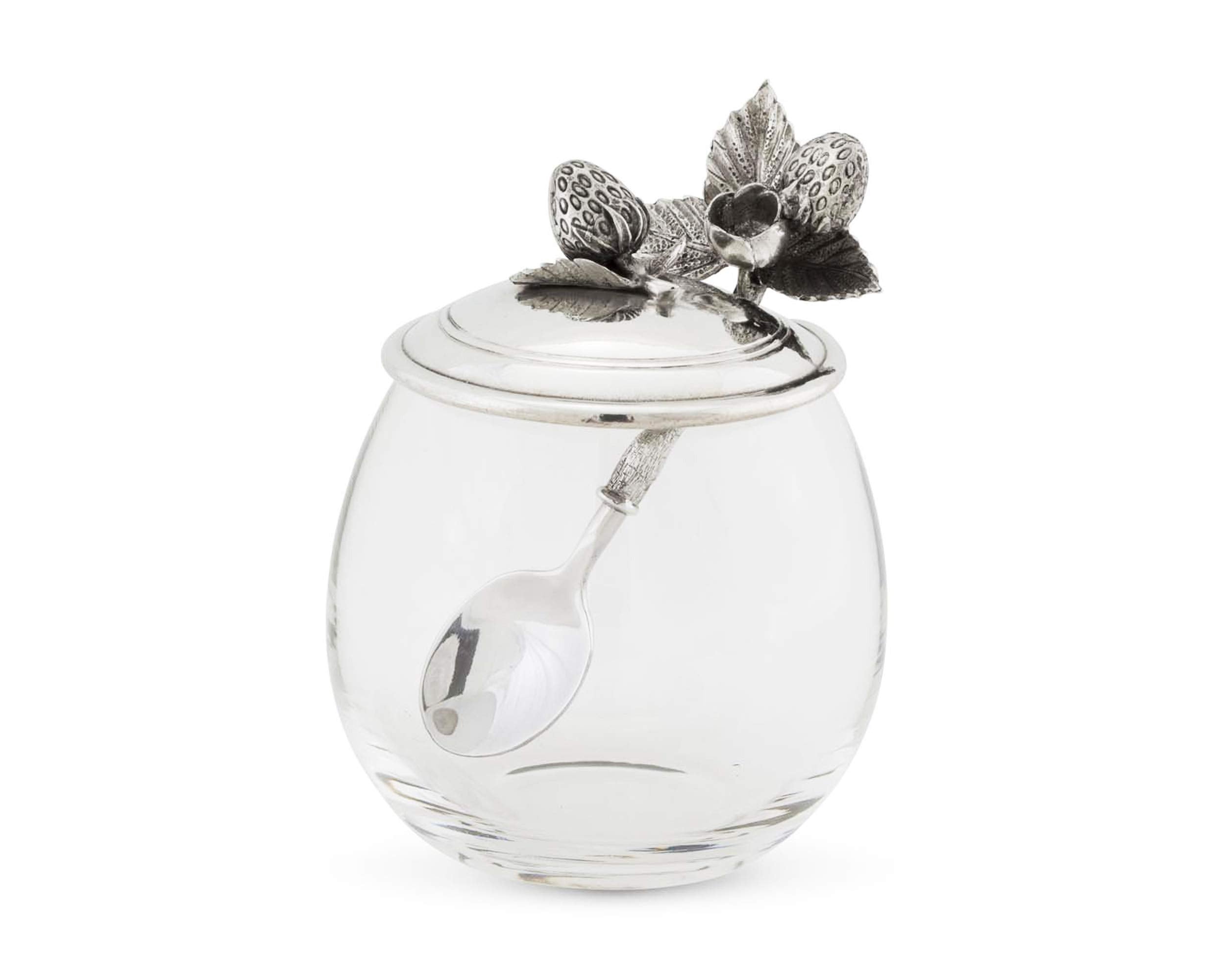 Vagabond House Glass Pot With Pewter Metal Strawberry Jam Jar Jelly Pot With Lid And Serving Spoon 5 Inch Tall 12 Oz