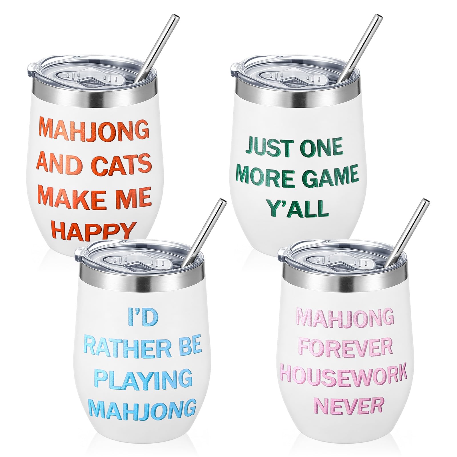 Patelai 4 Pcs Mahjong Tumbler with Lid Straw 12oz Cups, Cute Mahjong