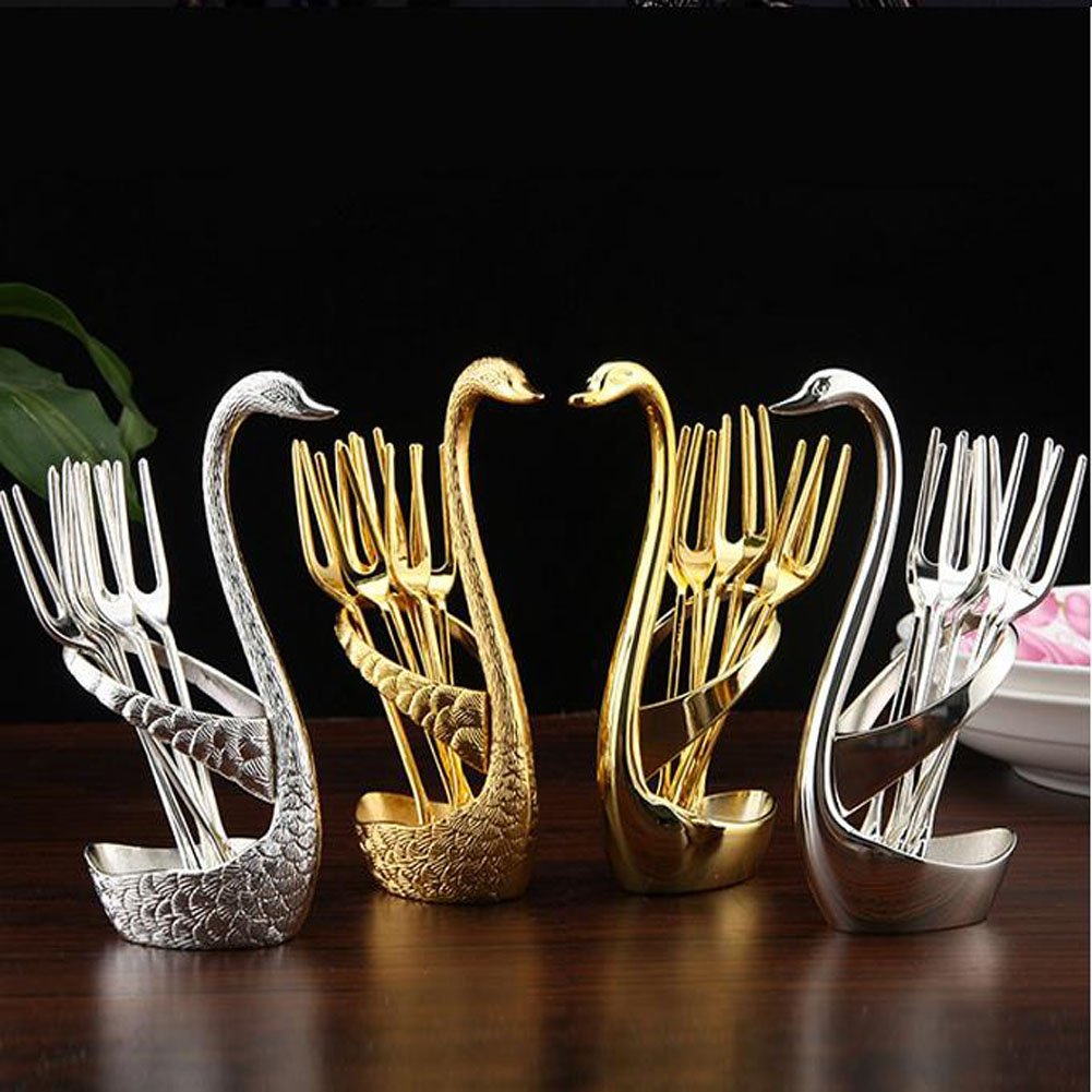 Coffee Dessert Spoon Set,Teaspoon Fruit Dessert Flatware Swan Base Holder Metal Coffee Spoon Organizer With 6Pcs Coffee Dessert