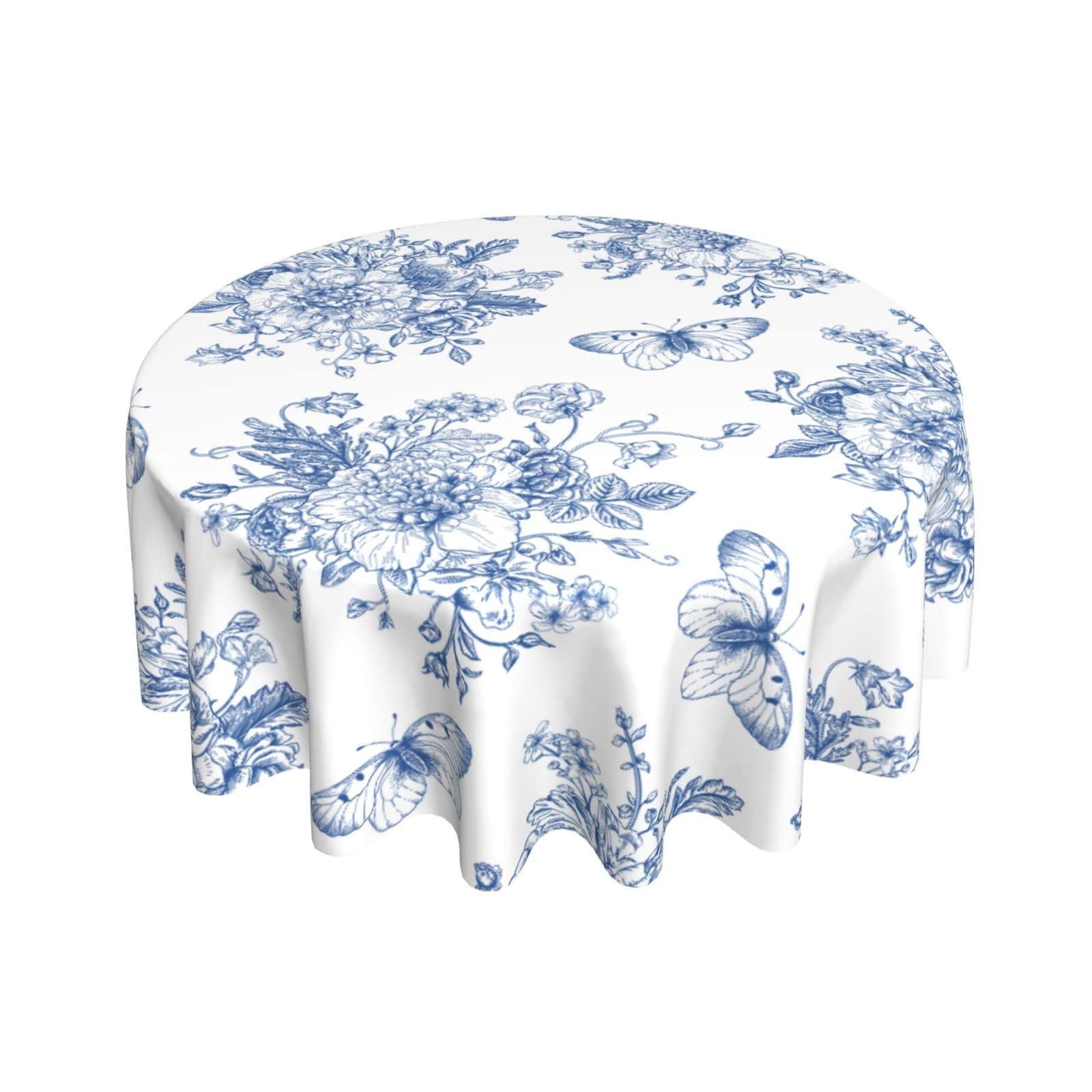 Spring Floral Tablecloth Round 60 Inch Ruitic Butterfly Table Cloth Waterproof Fabric Farmhouse Blue White Flower Tablecloths De