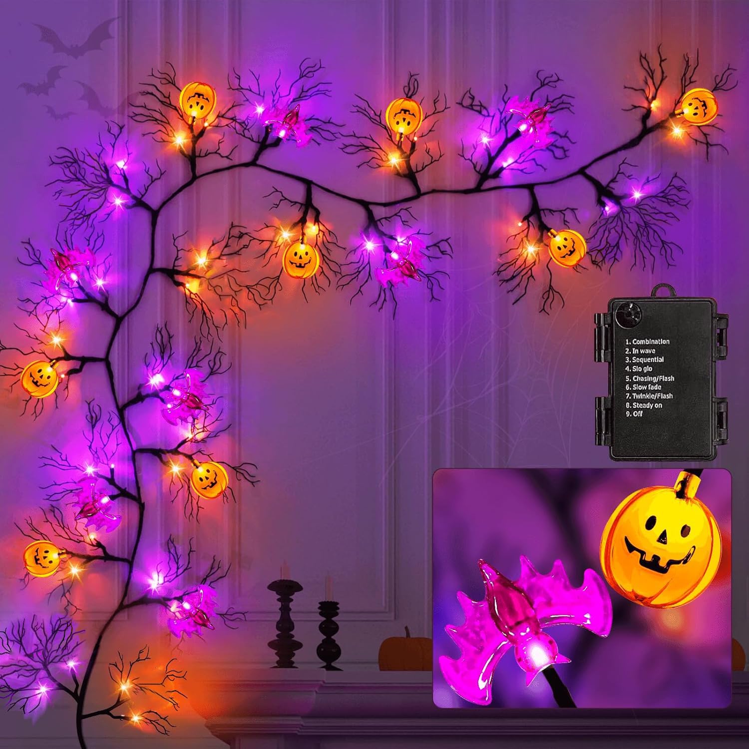 [ 8 Modes & Timer ] 6 Ft 45 LED Halloween Willow Vine Twig Garland Decorations, 8 Bat & Pumpkin Lights, Halloween Garland with W