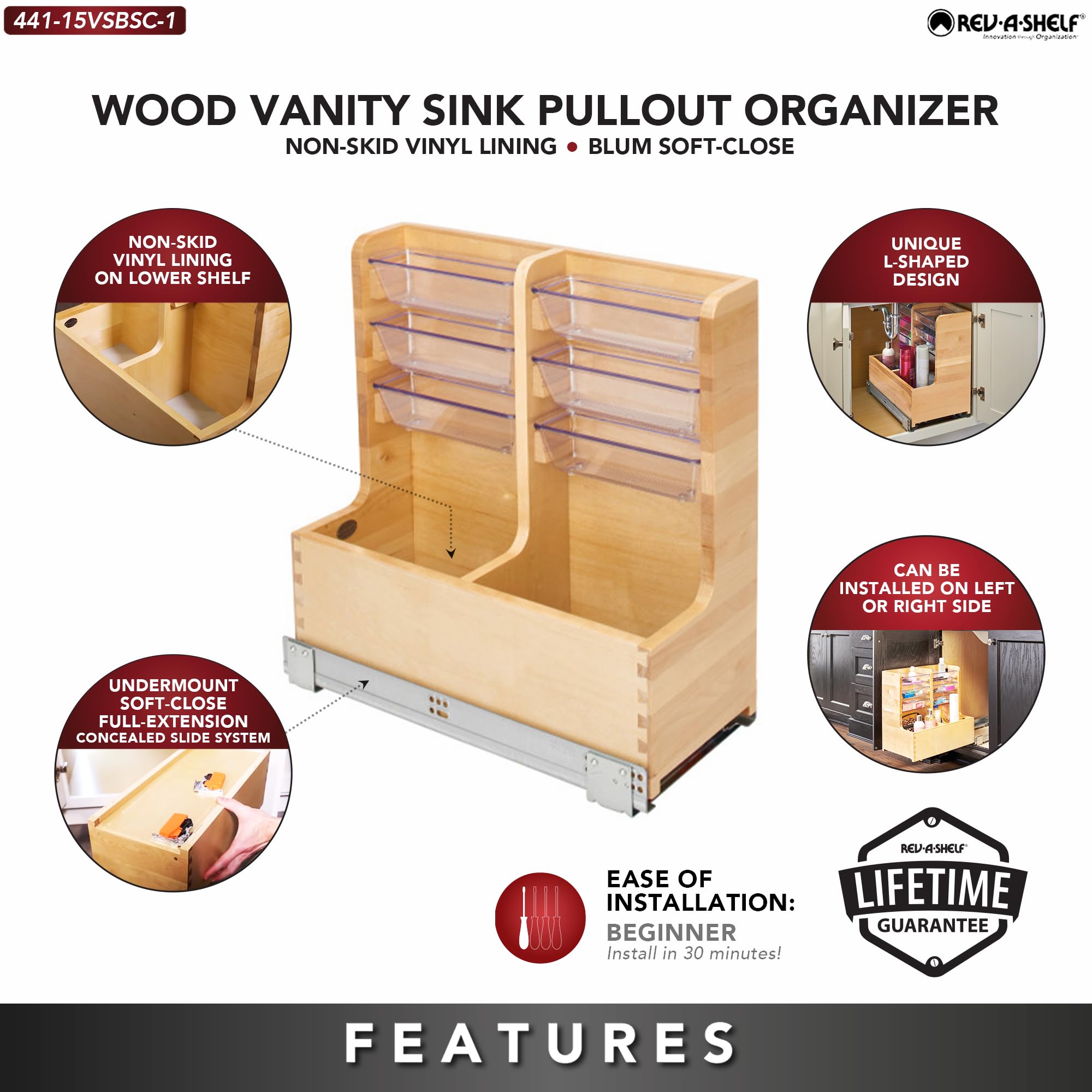 Rev-A-Shelf 30'' Wood Vanity Sink Pull Out Organizer Cabinet Storage W/Soft-Close For Kitchen Or Bathroom, Maple Wood, 441-15Vsb